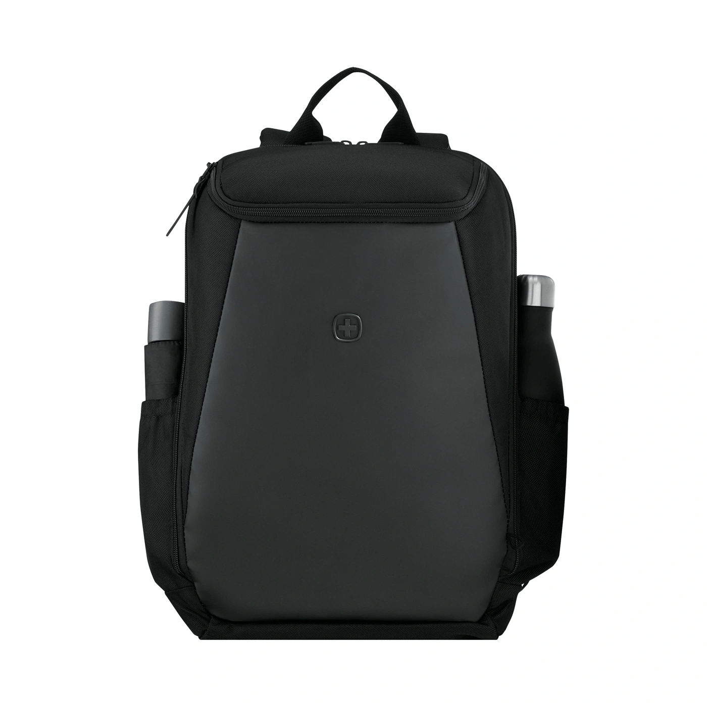 Black backpack with silver water bottle and gray umbrella