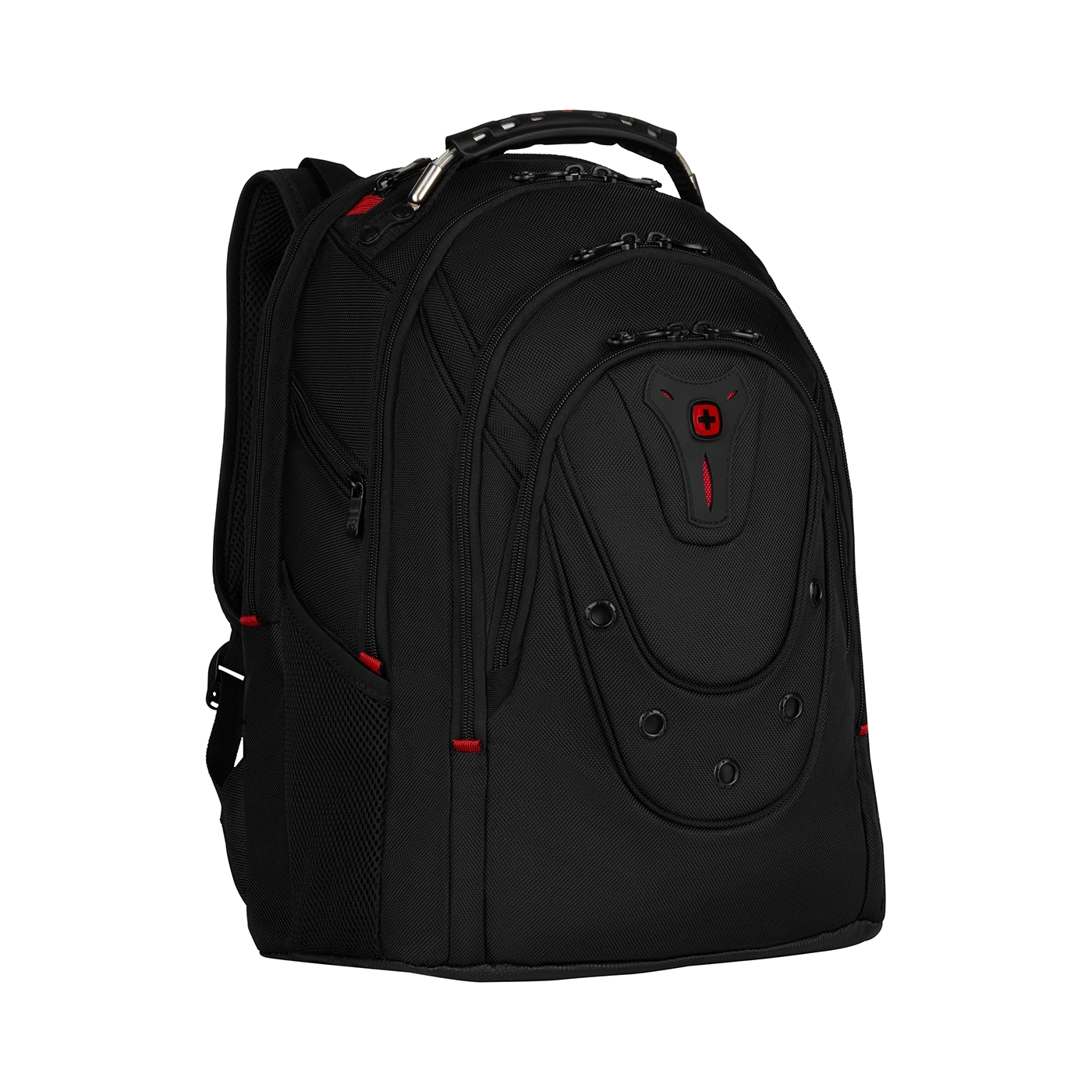Black backpack with red accents and multiple compartments, isolated on black background.