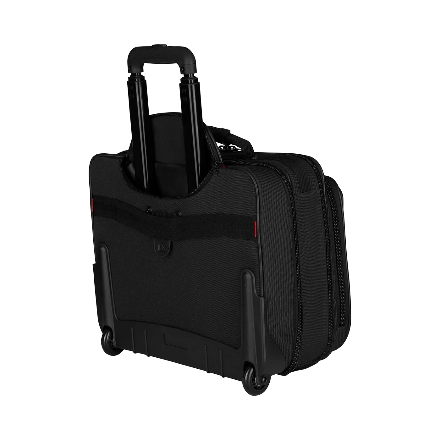 Black rolling suitcase with retractable handle and wheels on a black background.