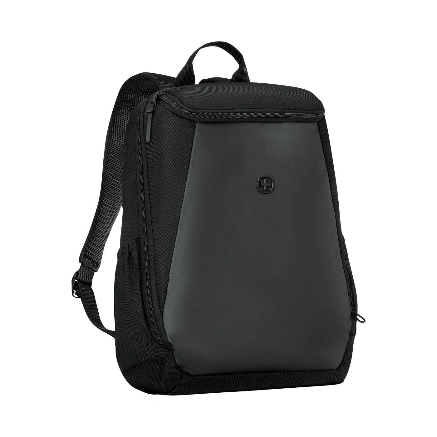 A black backpack on a white background.