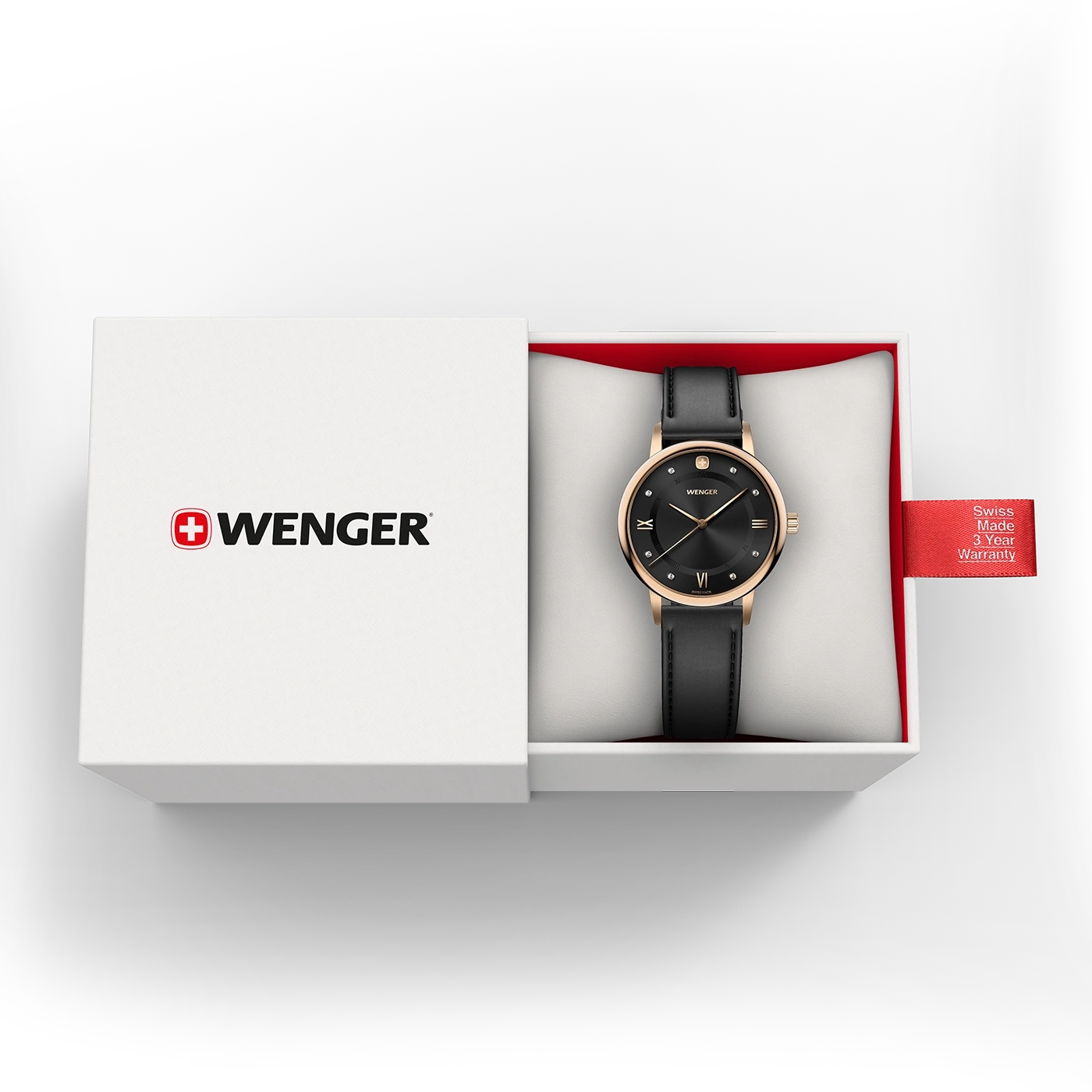 Wenger watch inside a white gift box with a "Swiss Made 3-Year Warranty" tag.