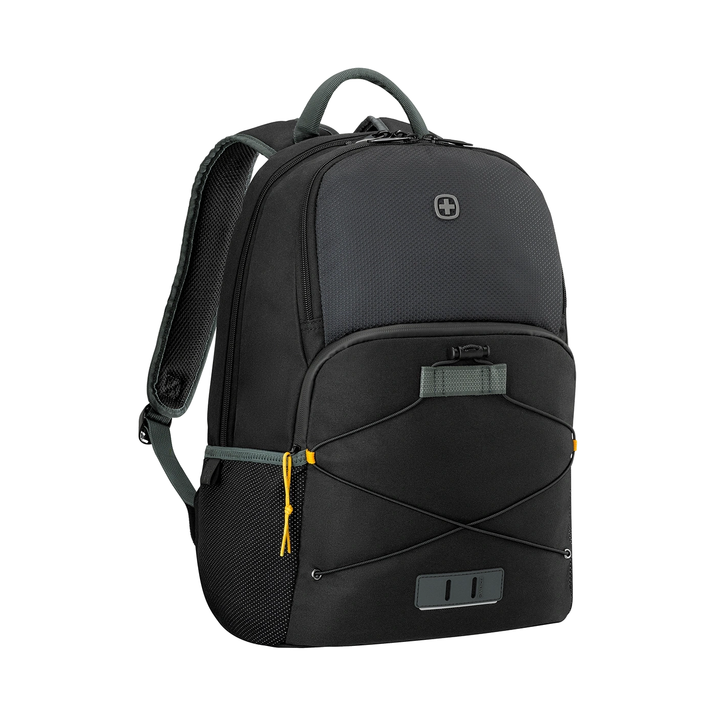 Black backpack with gray handle and yellow accents on a black background.