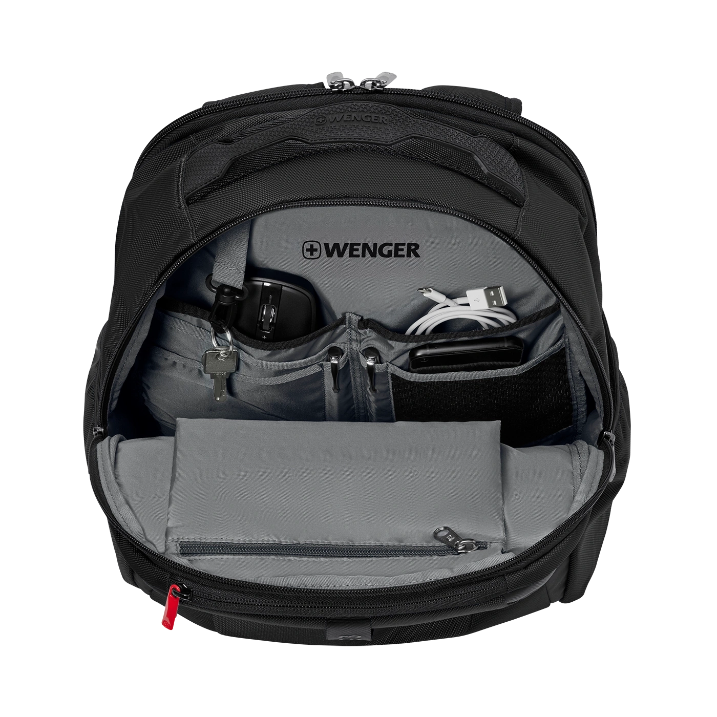 Black backpack with open zipper, filled with items, WENGER logo visible, inside view