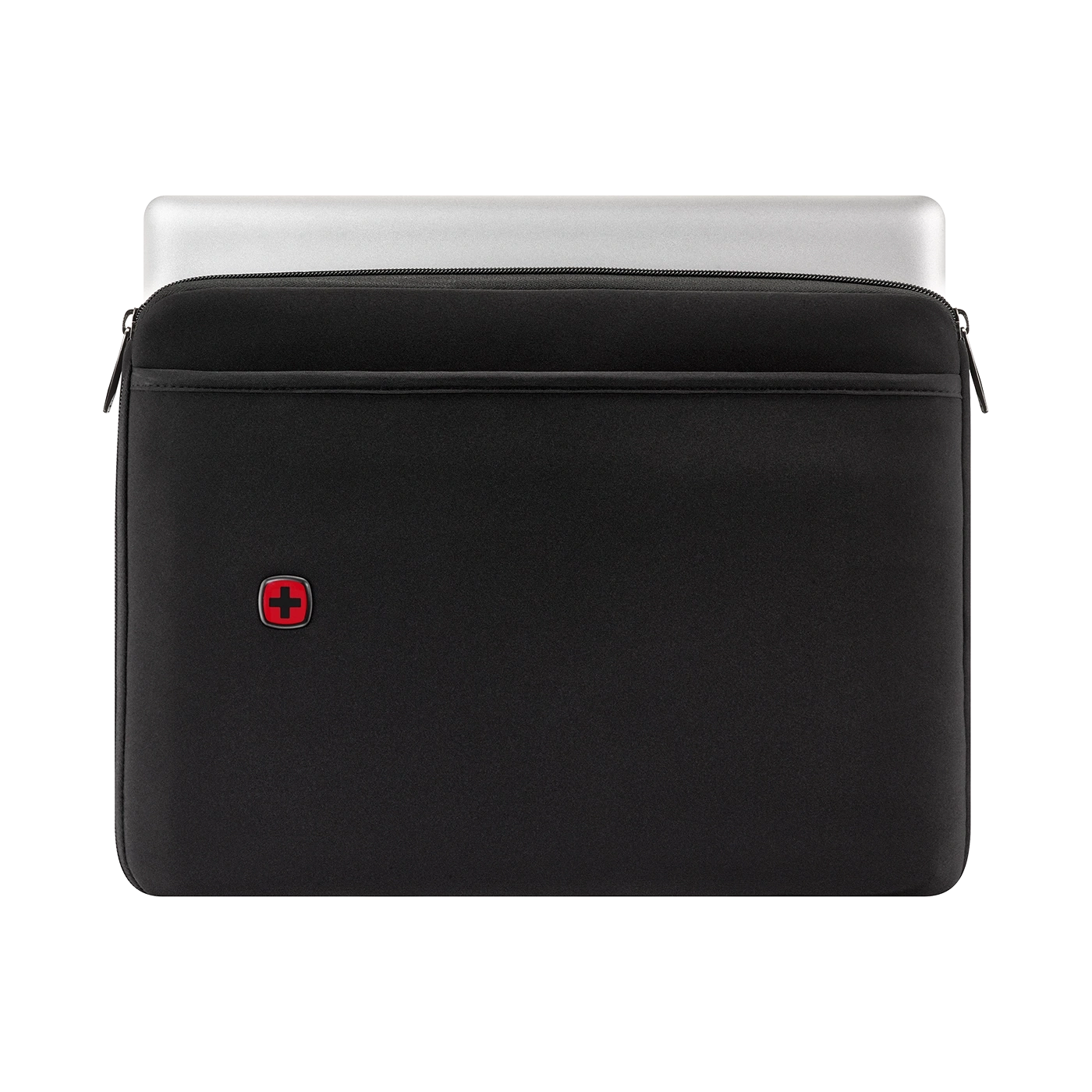 Black laptop sleeve with red logo and zipper, laptop inside, simple design, modern.