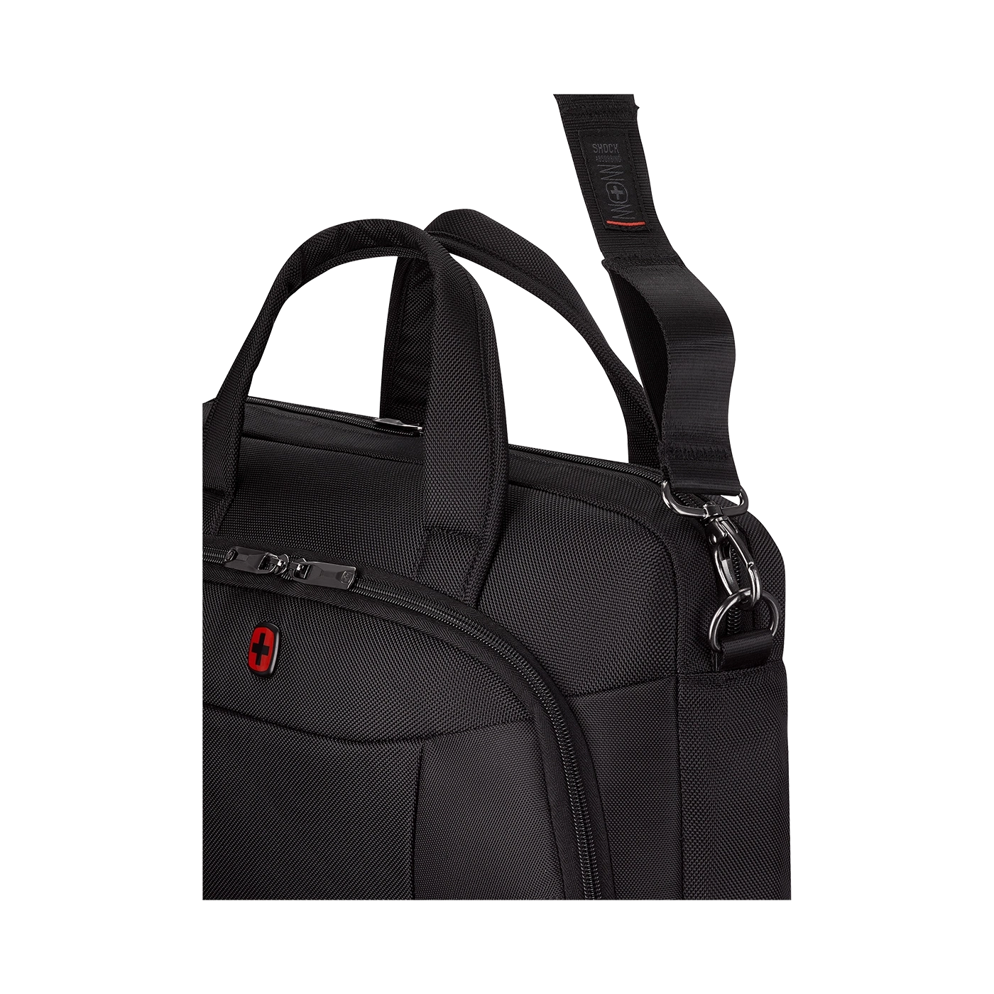 Black briefcase with red logo and shoulder strap, close-up shot.