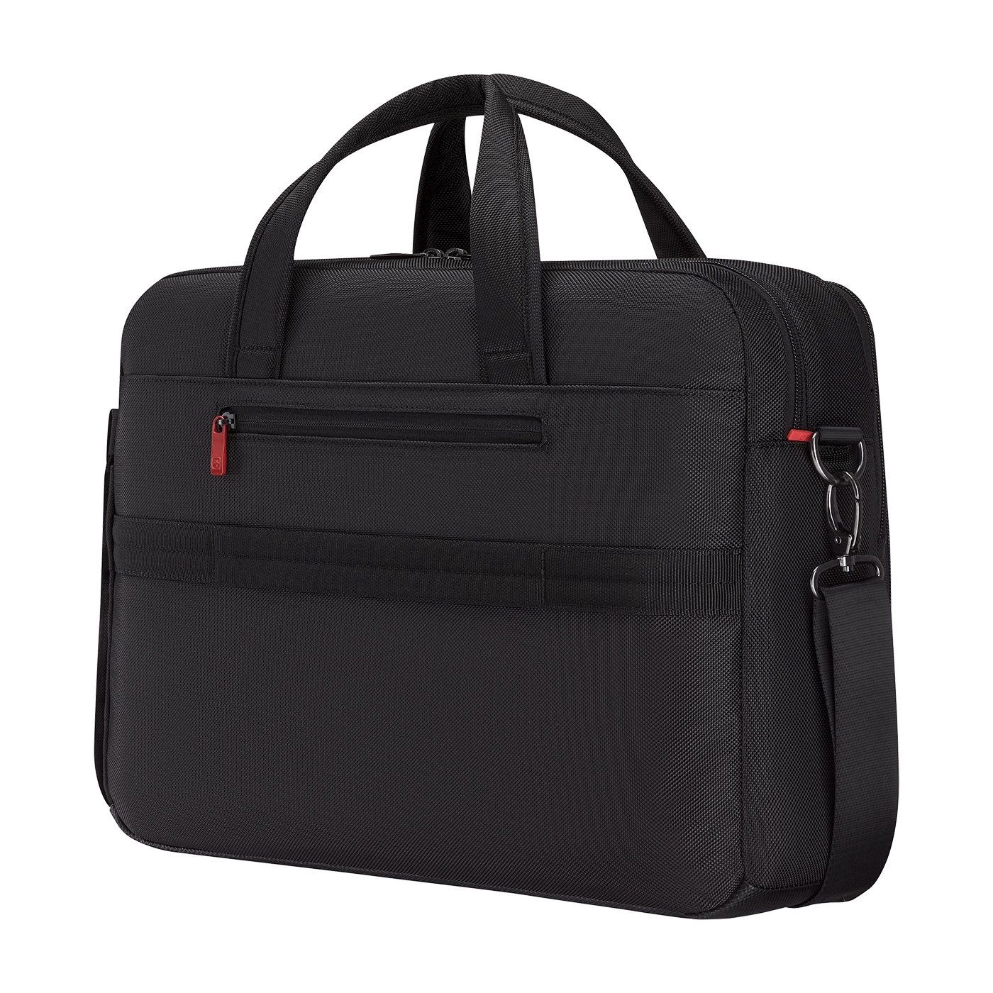 Black briefcase with handles and shoulder strap, zipper and red accent details