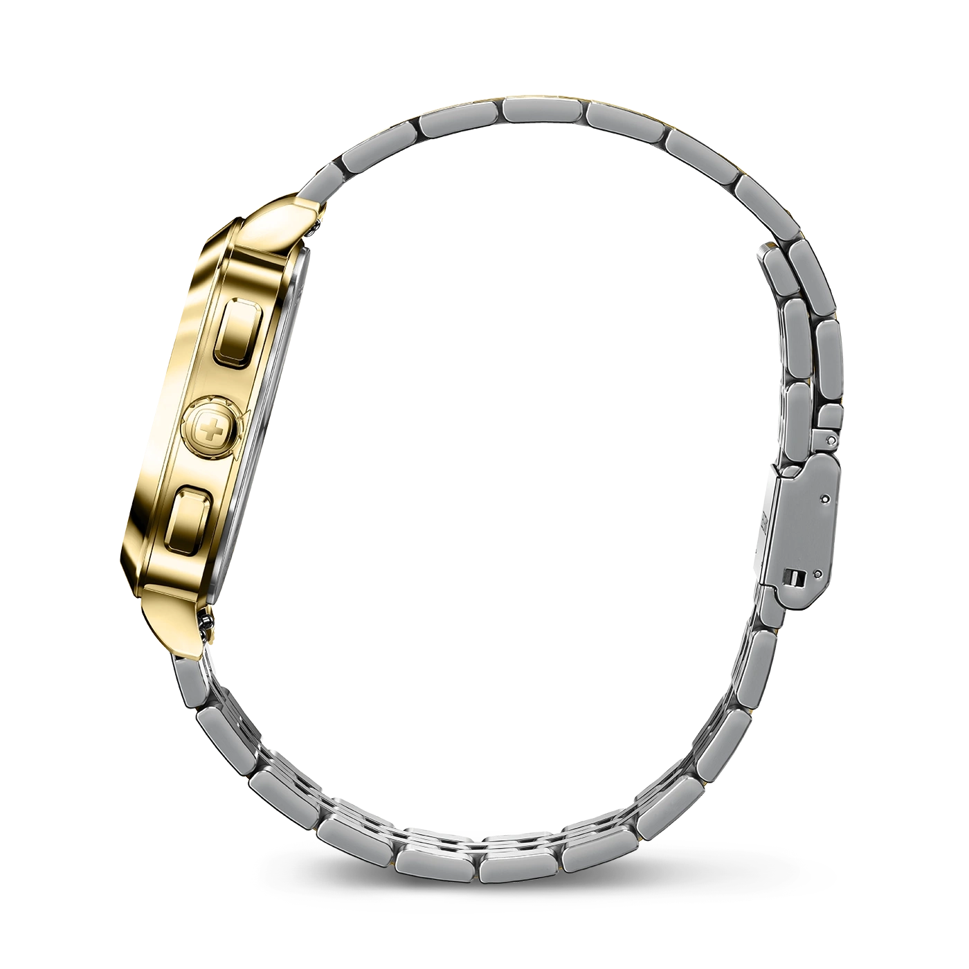 Gold watch with silver strap, side view, close-up, elegant, luxury, accessory