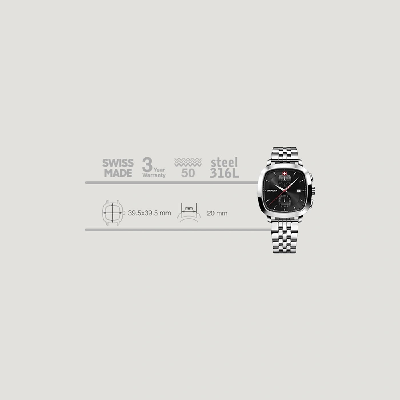Swiss watch, steel, 3 year warranty, 39.5x39.5mm case, 20mm band, Wenger brand.