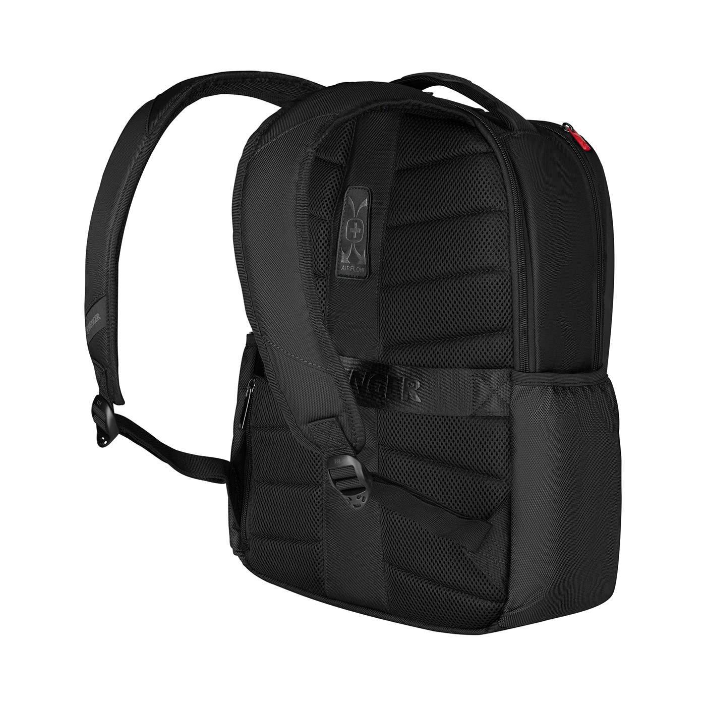 Black backpack with airflow system, zipper and shoulder straps, isolated on black background.