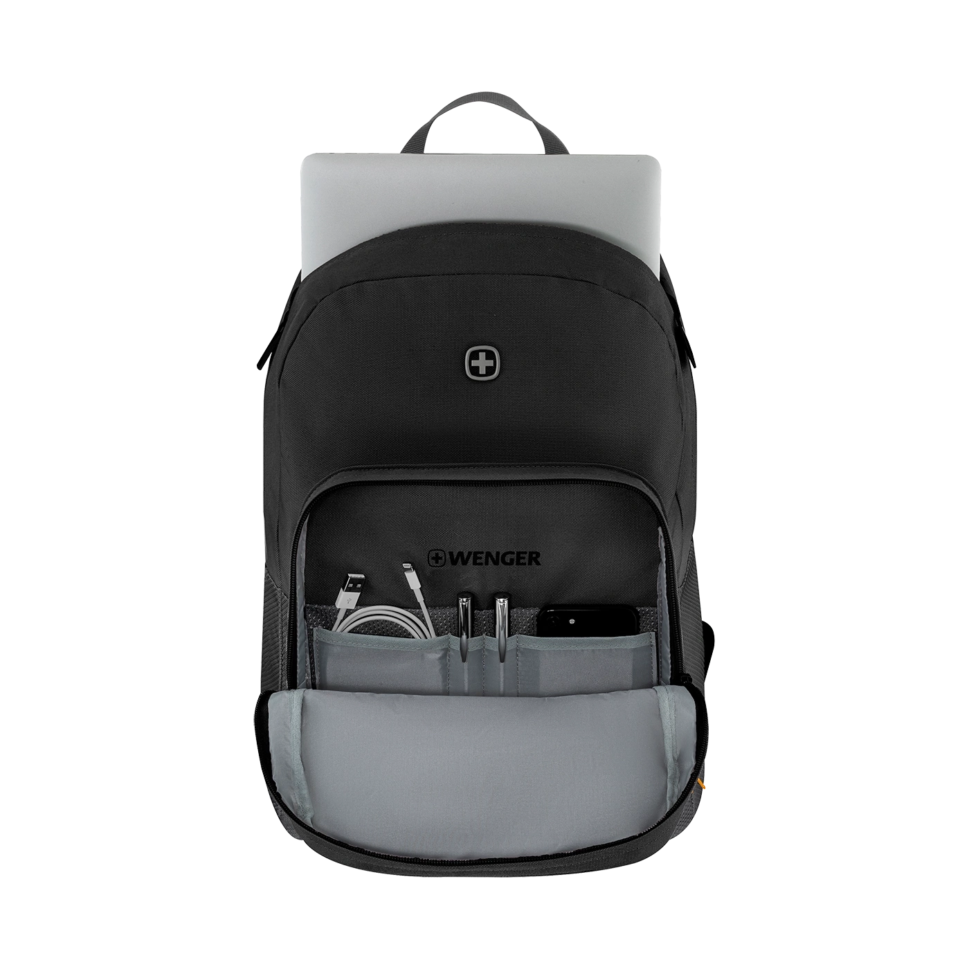 Black backpack with laptop and accessories, Wenger logo visible.