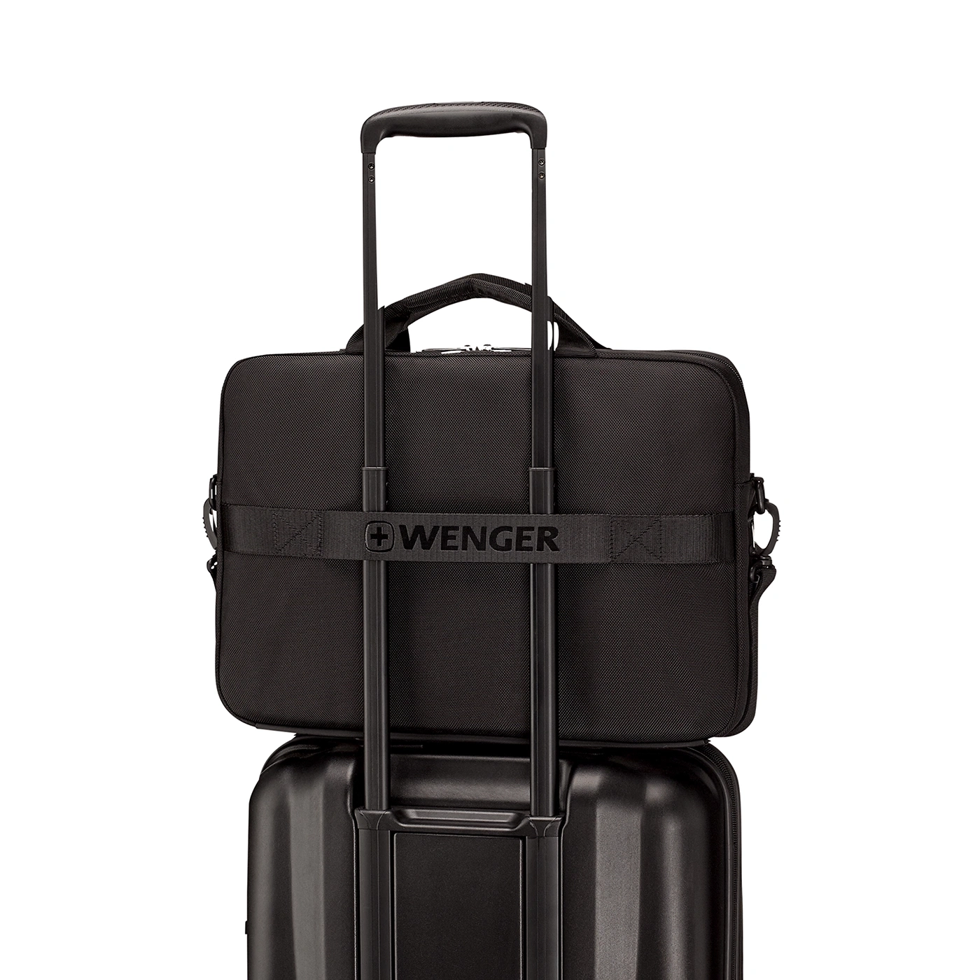 Black briefcase on a black suitcase with handle, Wenger brand.