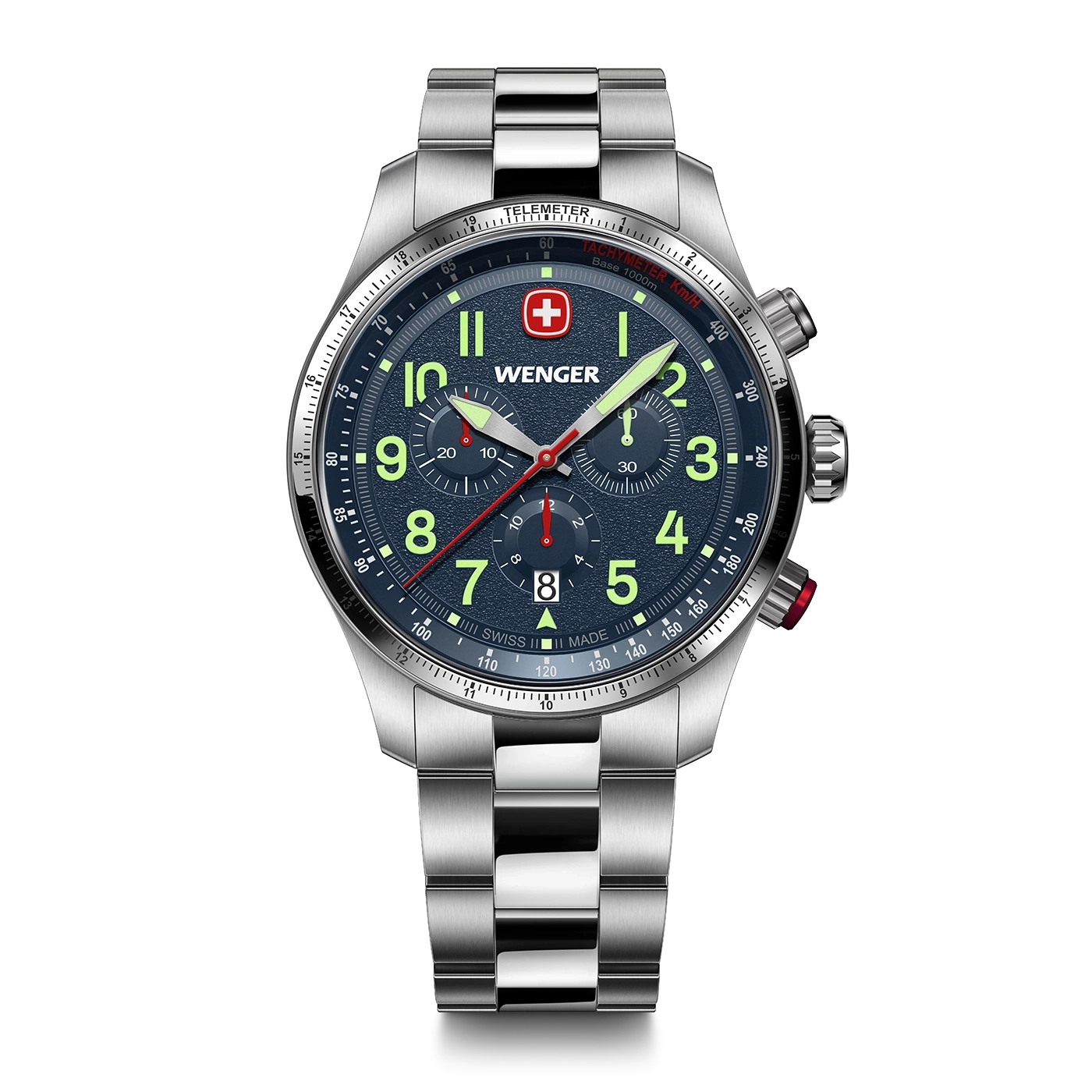 Wenger watch, blue dial, silver bracelet, chronograph, Swiss watch, date display