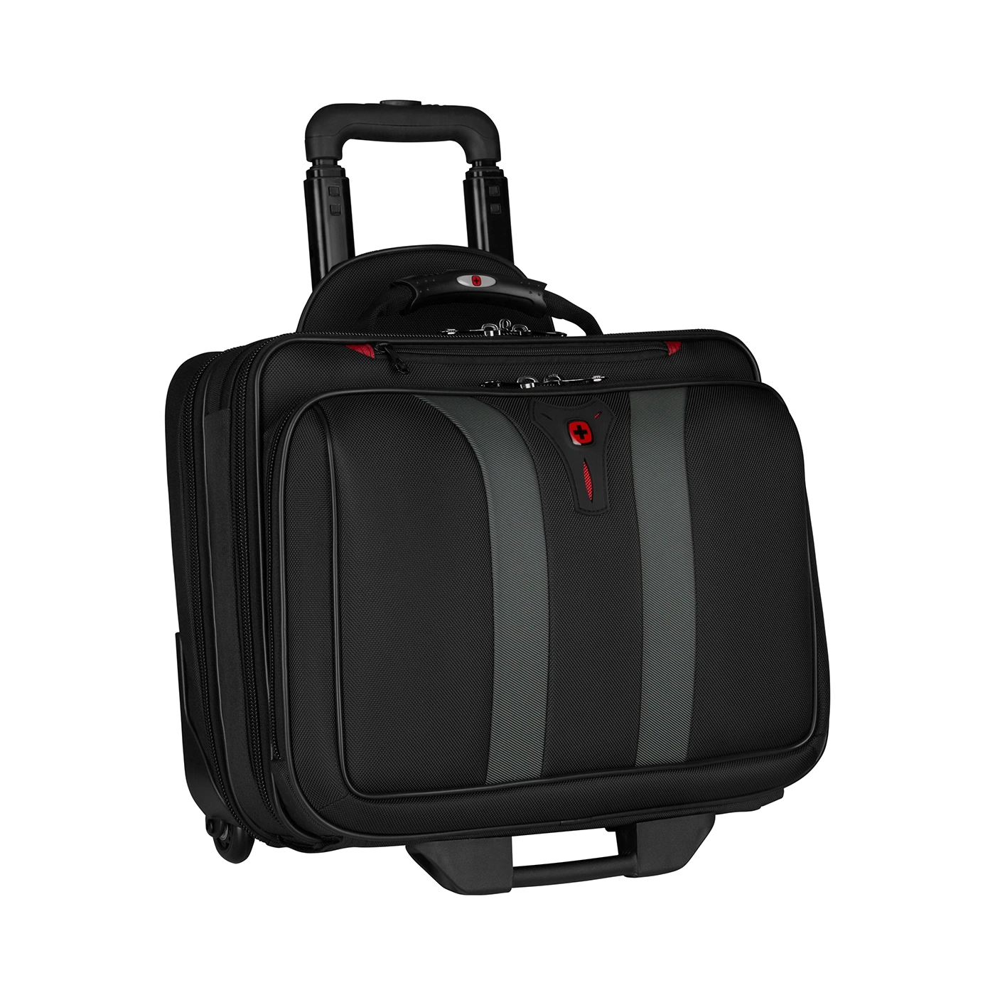 Black rolling suitcase with red accents, trolley design, suitable for business travel.