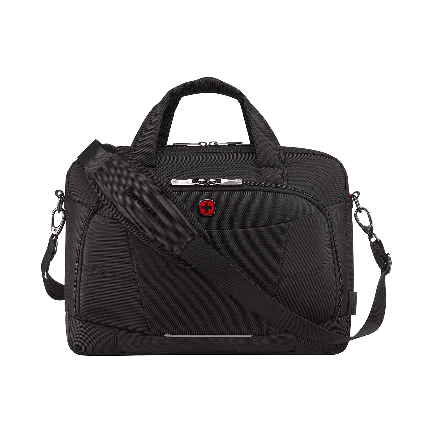 Black Wenger briefcase with shoulder strap and Swiss cross logo on the front.