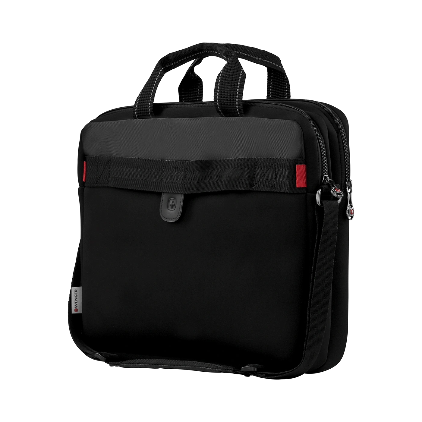 Black laptop bag with red accents and carrying handles.