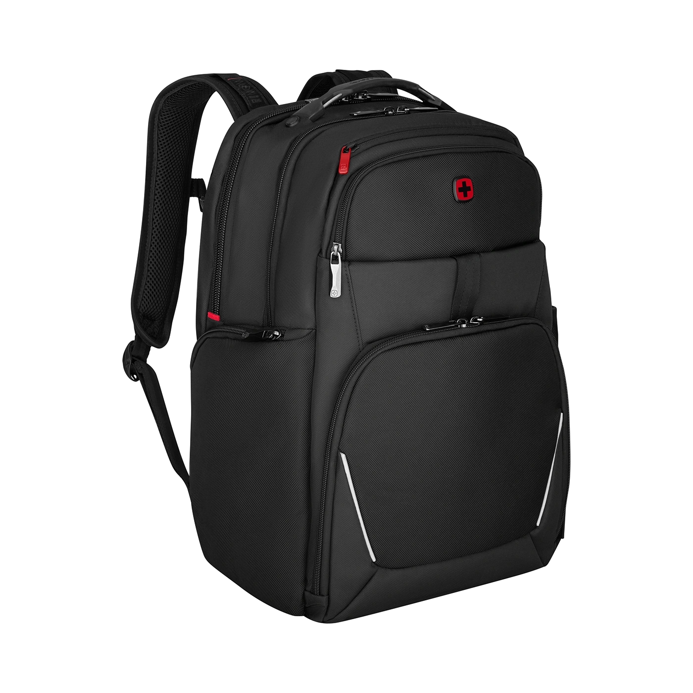 Black backpack with red accents and Swiss cross logo on a black background.