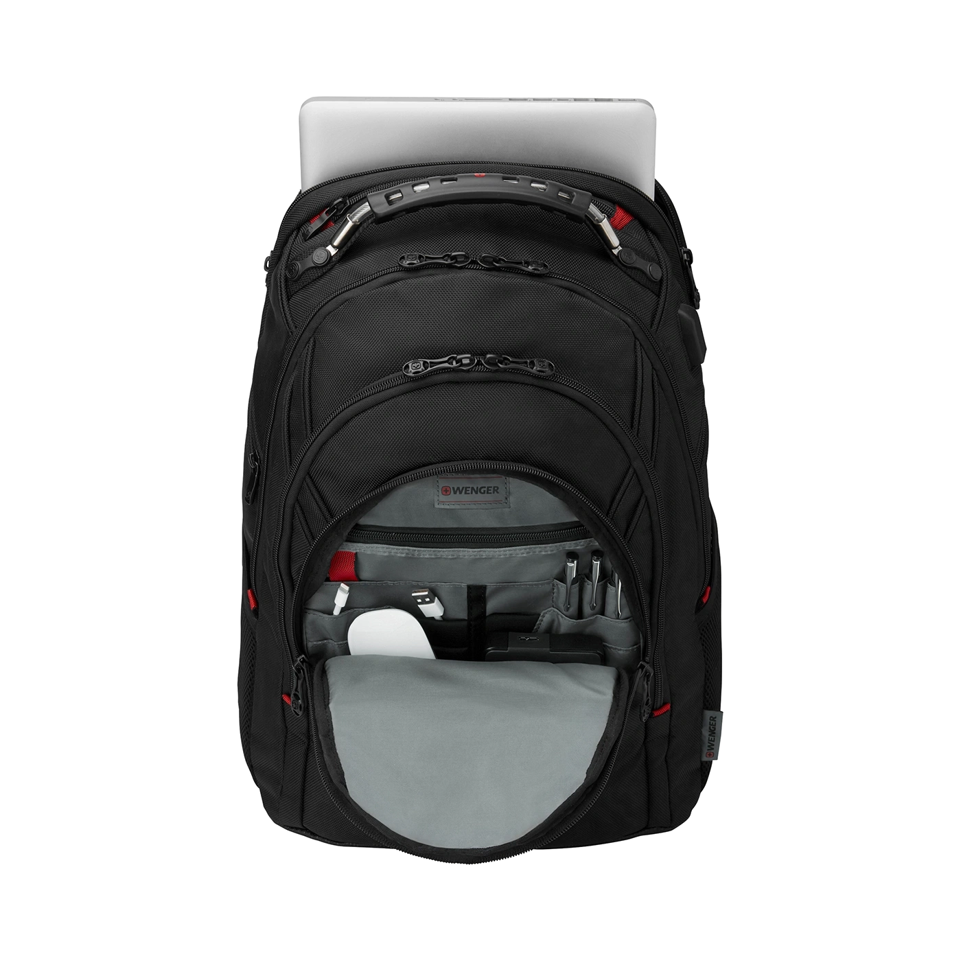 Black backpack with laptop and open compartments, Wenger brand visible.