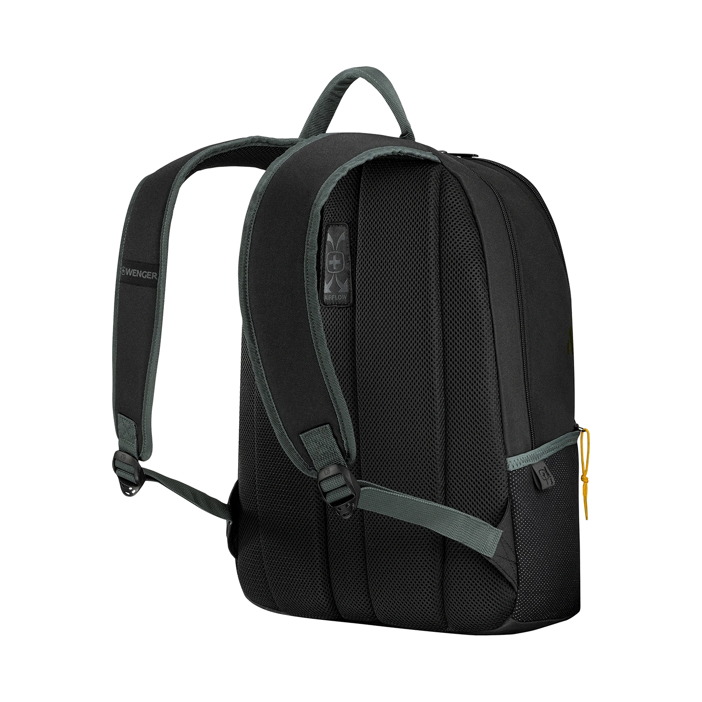 Black backpack with gray accents and yellow zipper. Wenger logo visible on the side.