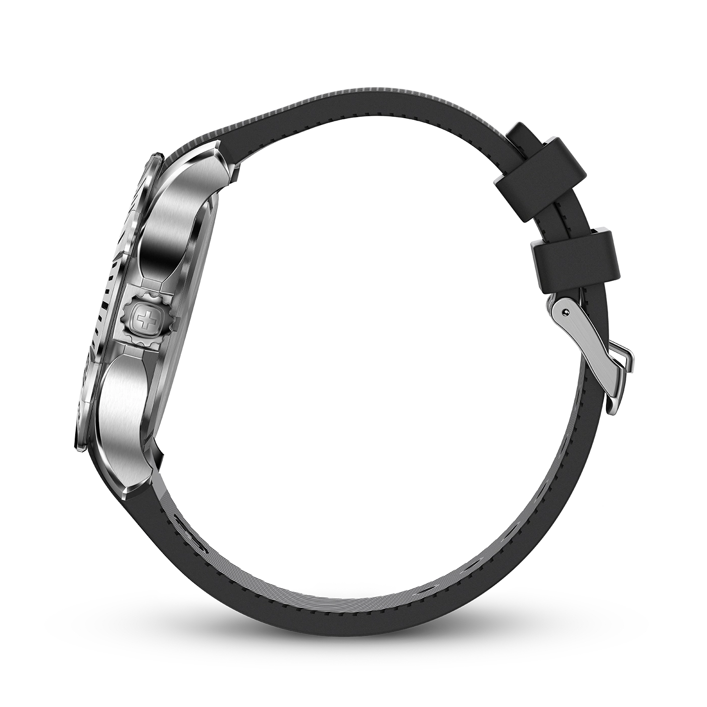 Watch with black strap, side view, close-up, elegant design, accessory, stainless steel