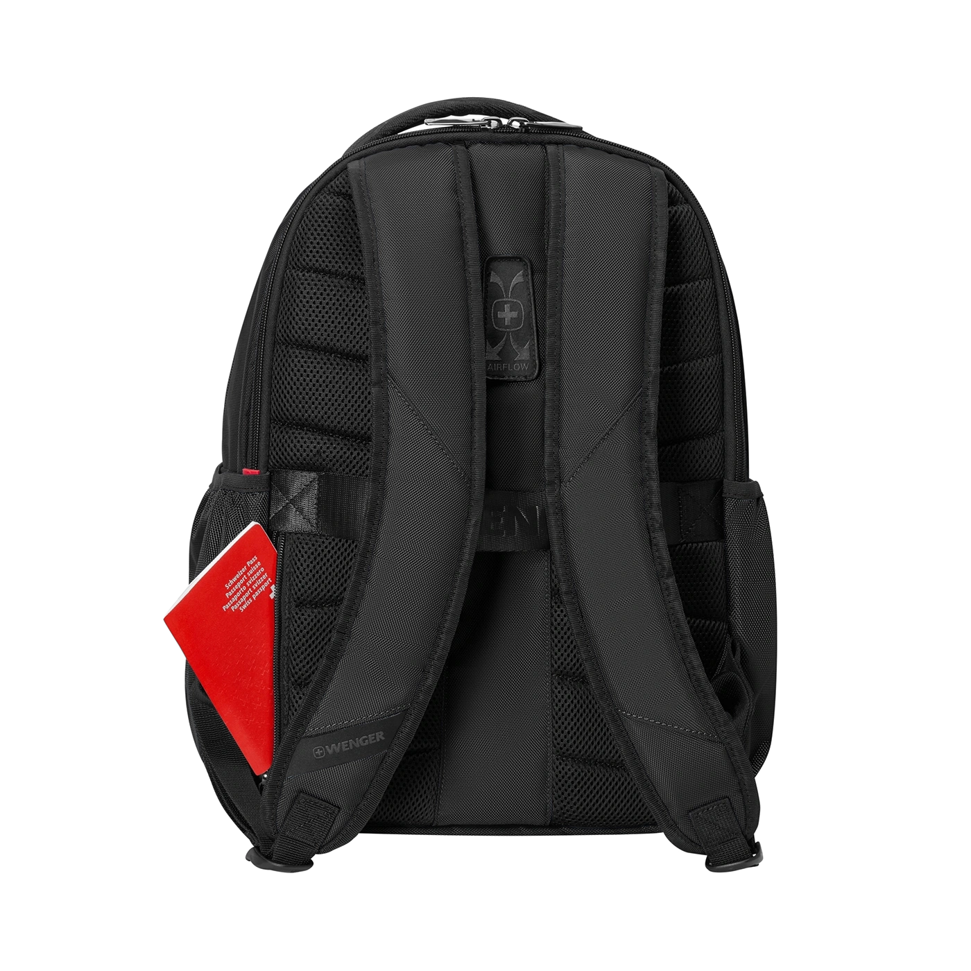 Black backpack with red passport in pocket. Wenger logo. Airflow design.
