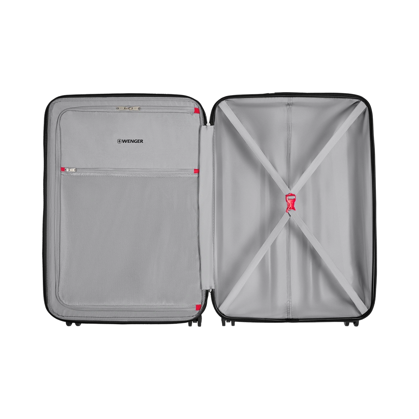 Open suitcase with gray interior, red accents, and WENGER logo on the left side.