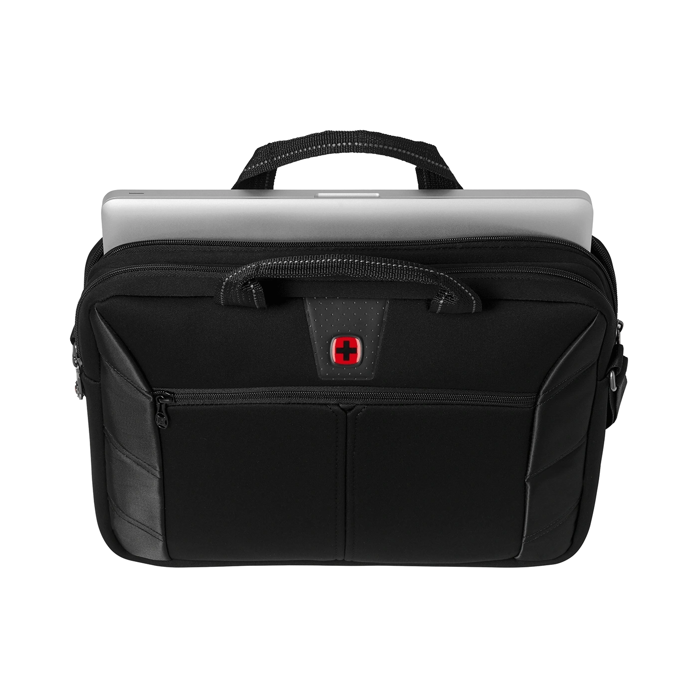 Black laptop bag with silver laptop and red Swiss cross logo.