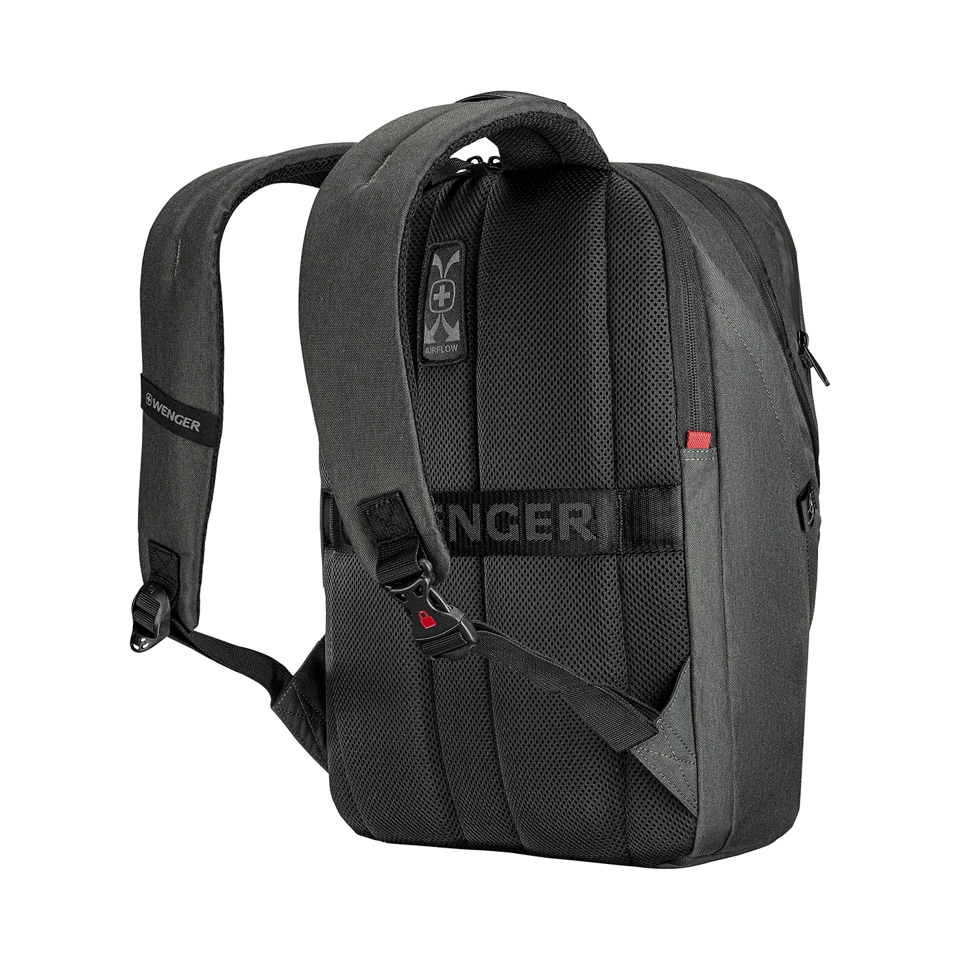 Dark gray backpack with black mesh back and red accents. Wenger brand.