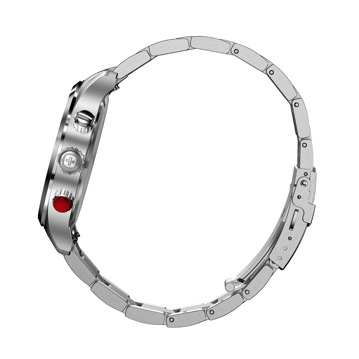 Silver watch with bracelet, side view, close-up, isolated on white background