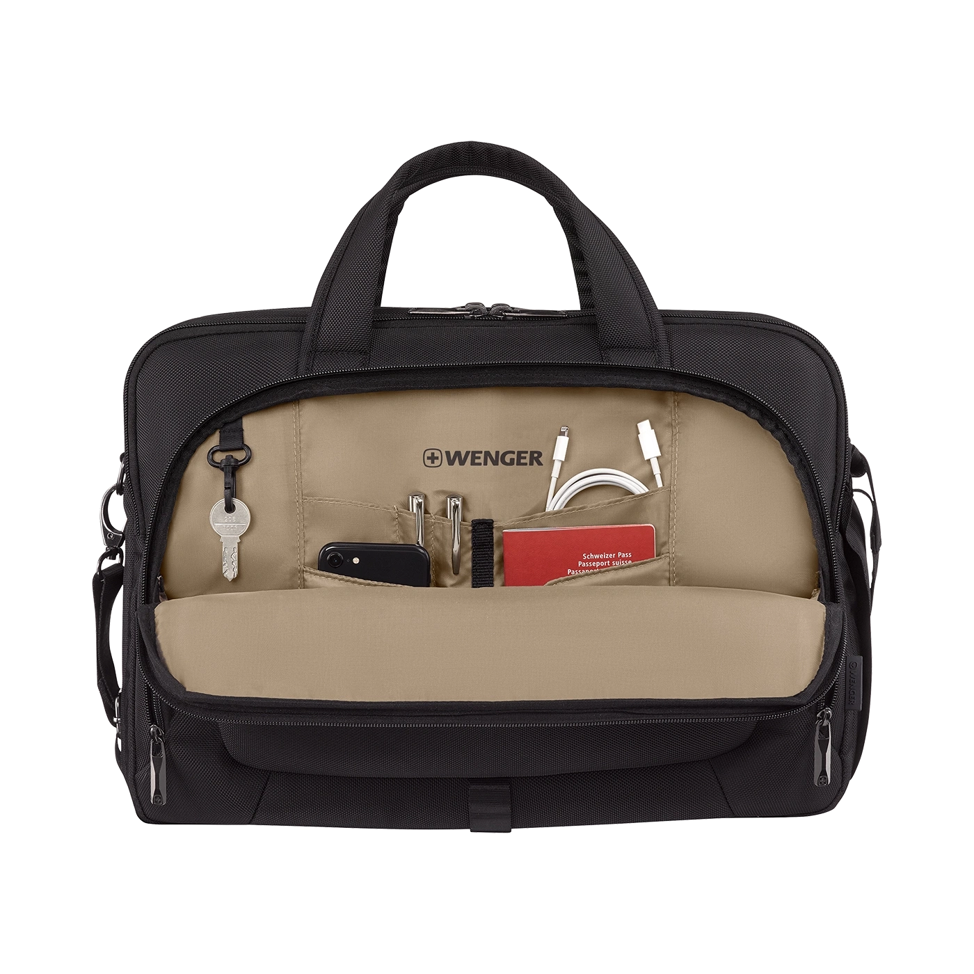 Black briefcase with open compartments filled with items like phone, cables, key, and passport.