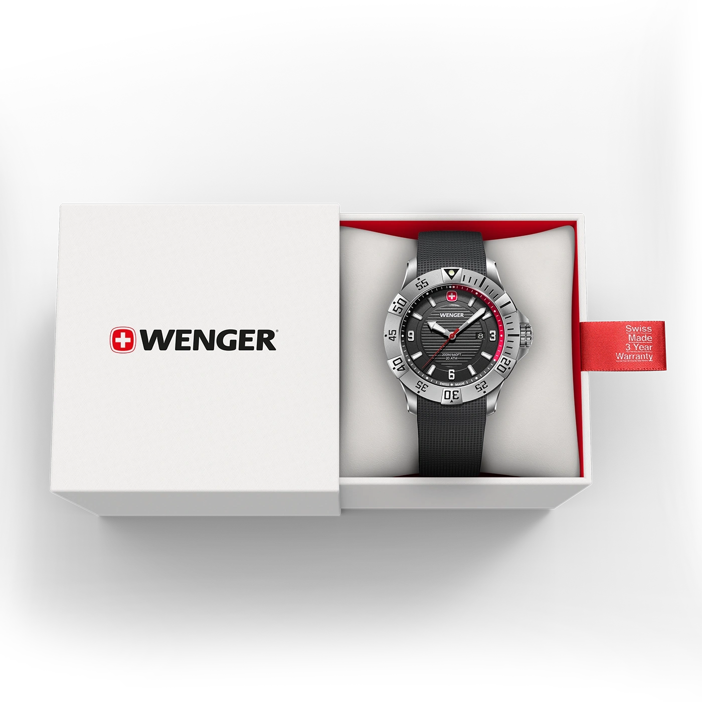 Wenger watch in a box with a red band and warranty information.