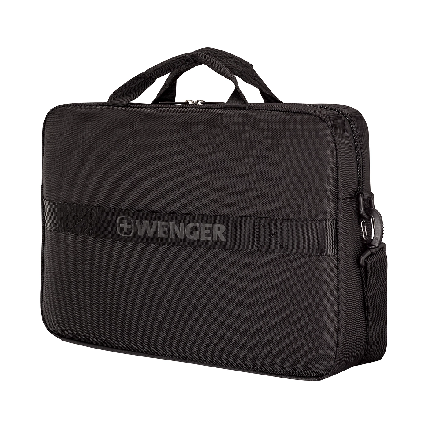 Black Wenger laptop bag with handle and shoulder strap, isolated