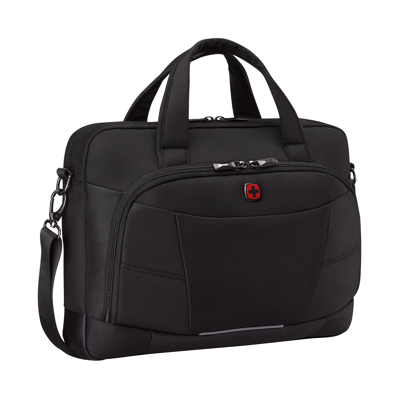 Black briefcase with shoulder strap and red cross on the front, Swiss design.