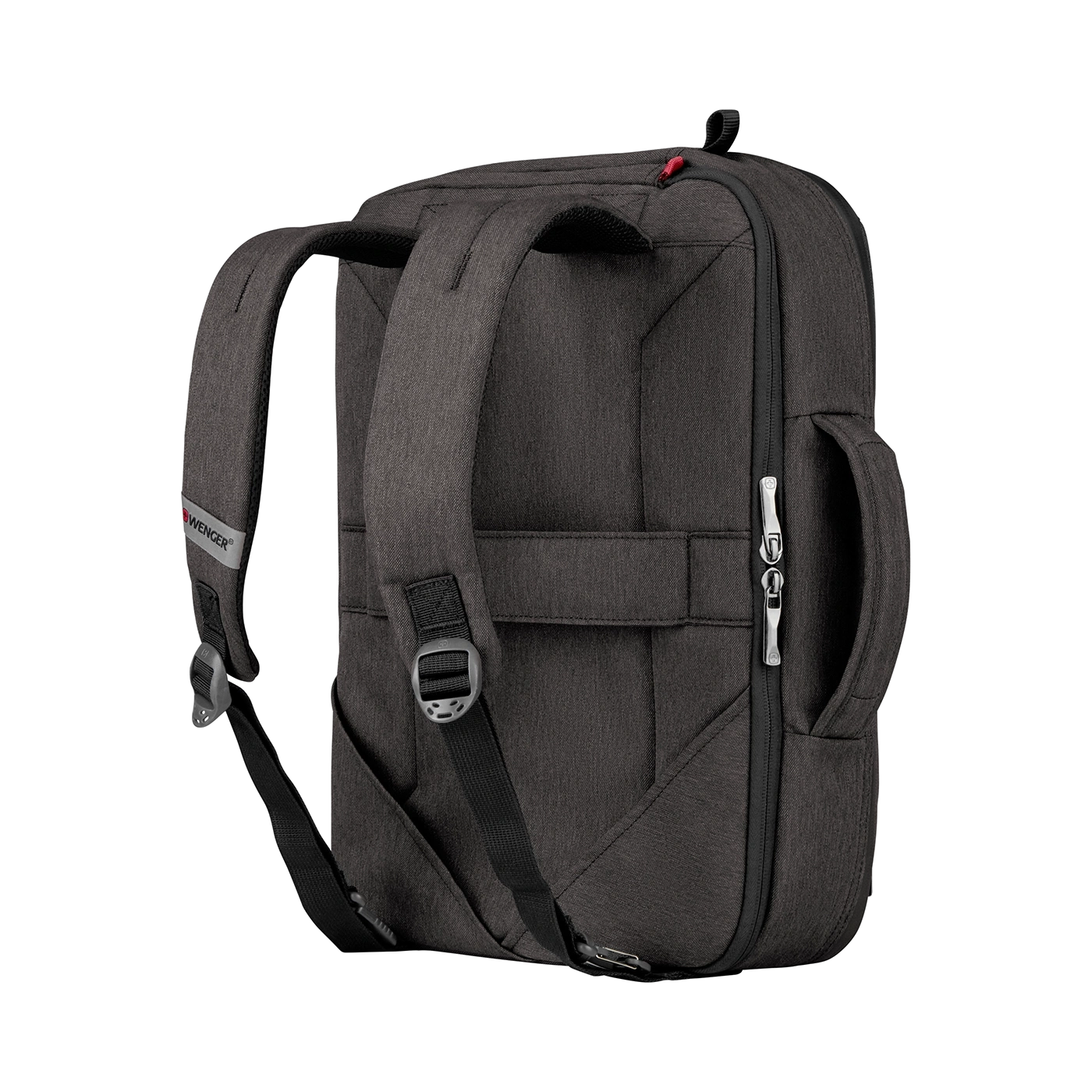 Black backpack with shoulder straps and zipper, brand Wenger, on a black background