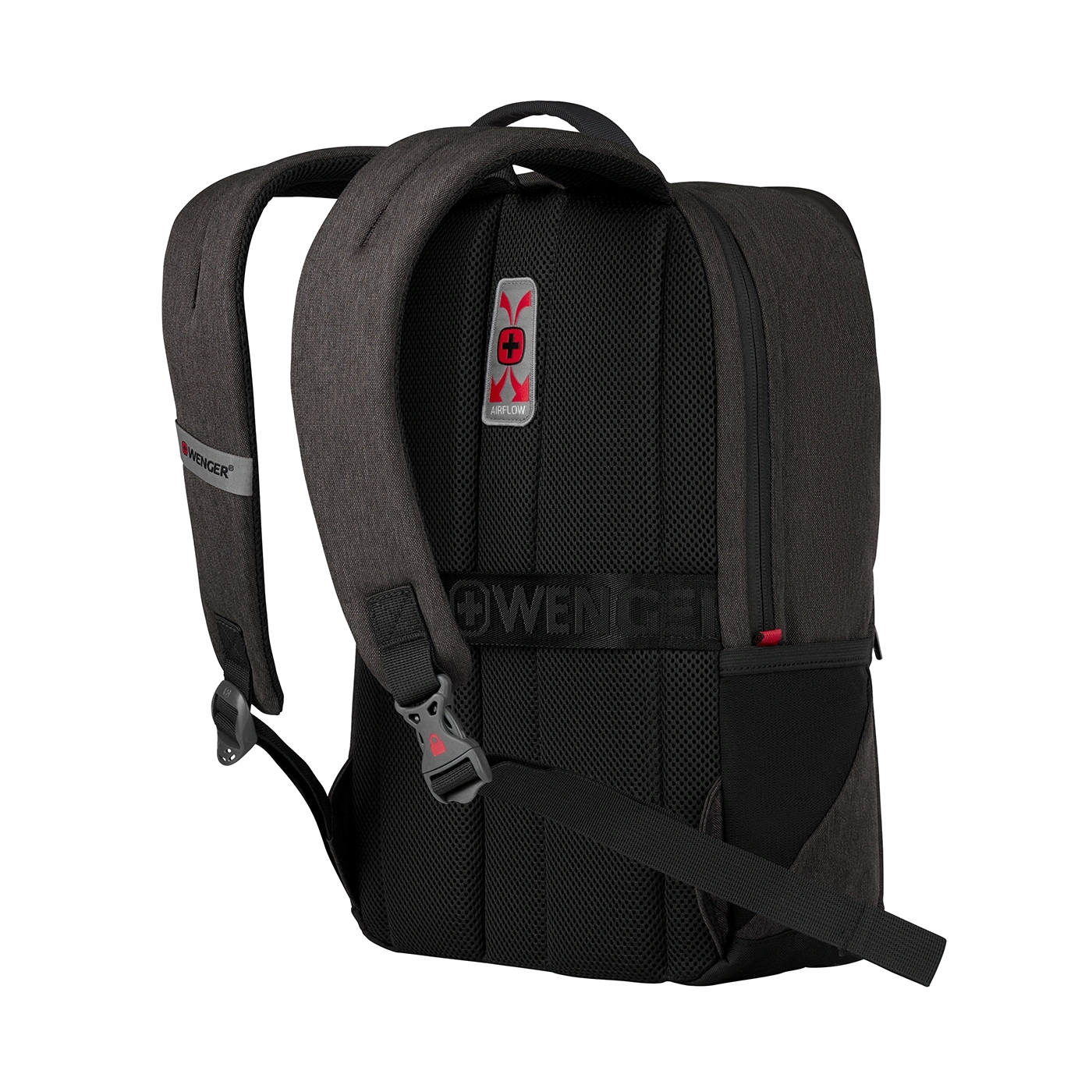 Black backpack with Airflow system and Wenger logo, detailed shot