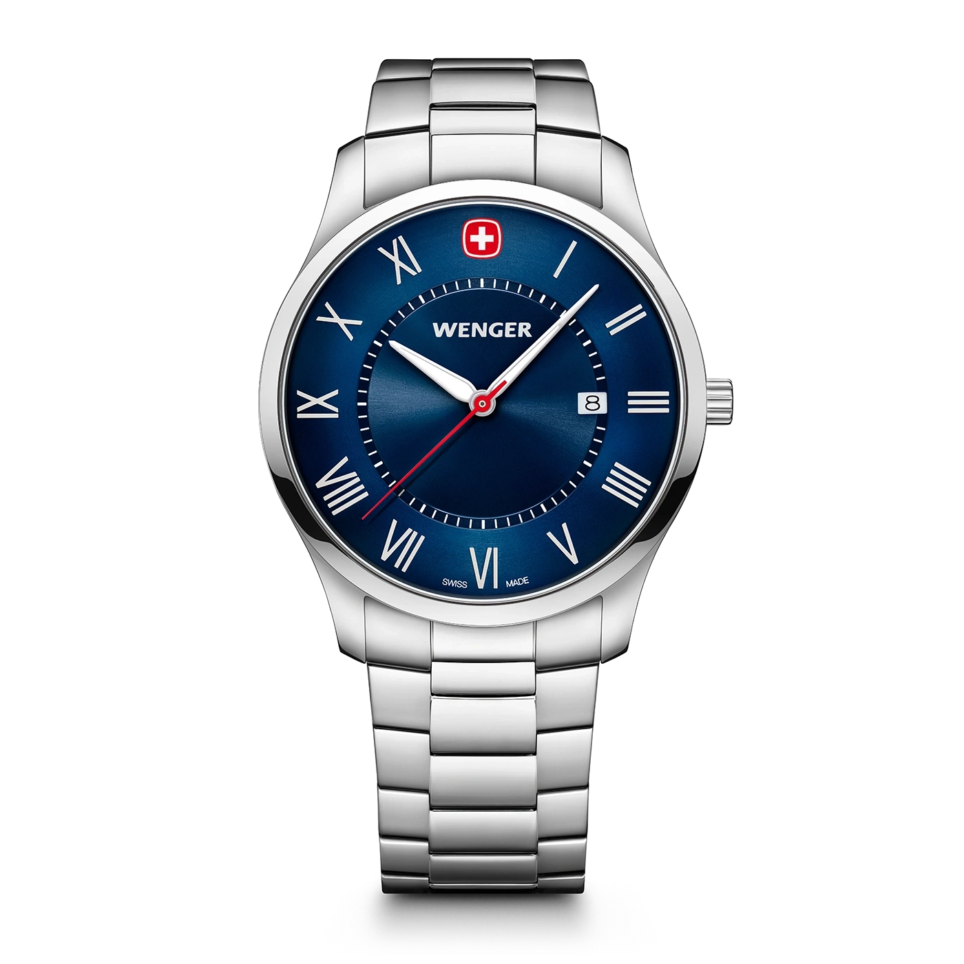 Wenger watch with blue face and silver band on a black background