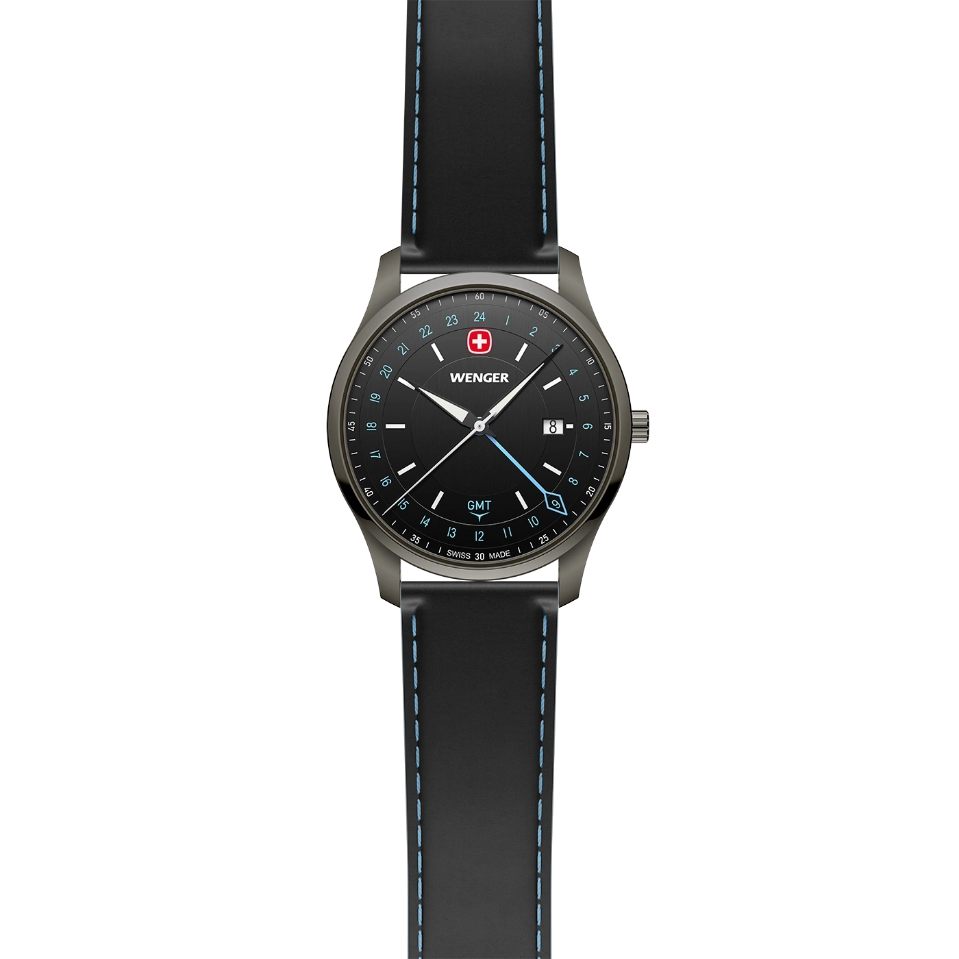 A black Wenger watch with blue stitching and GMT function.