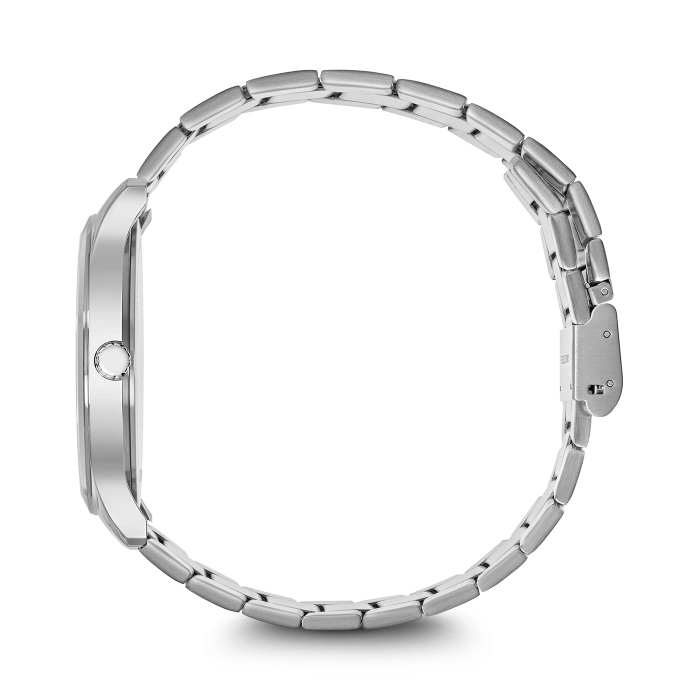 Silver watch with metal band, side view, black background, close-up detail shot