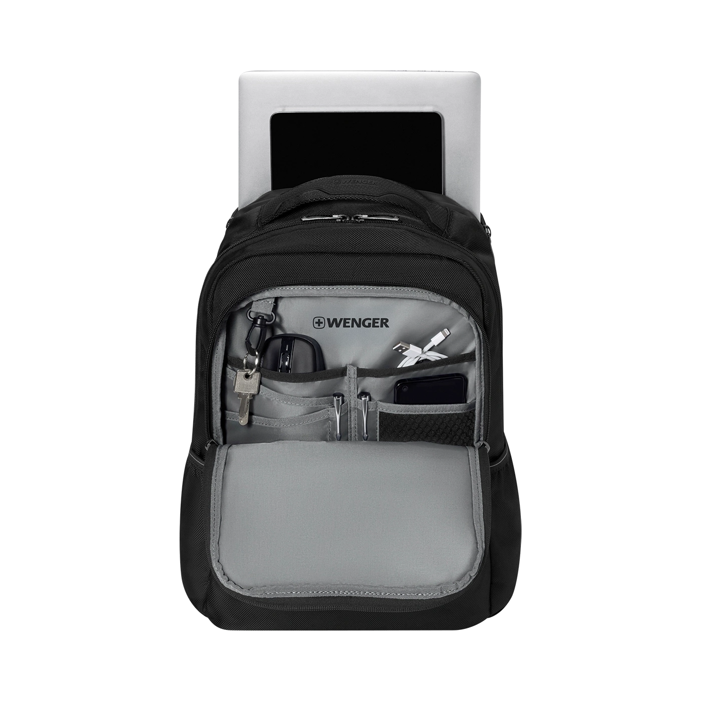 Black backpack with laptop, keys, and accessories, Wenger brand.