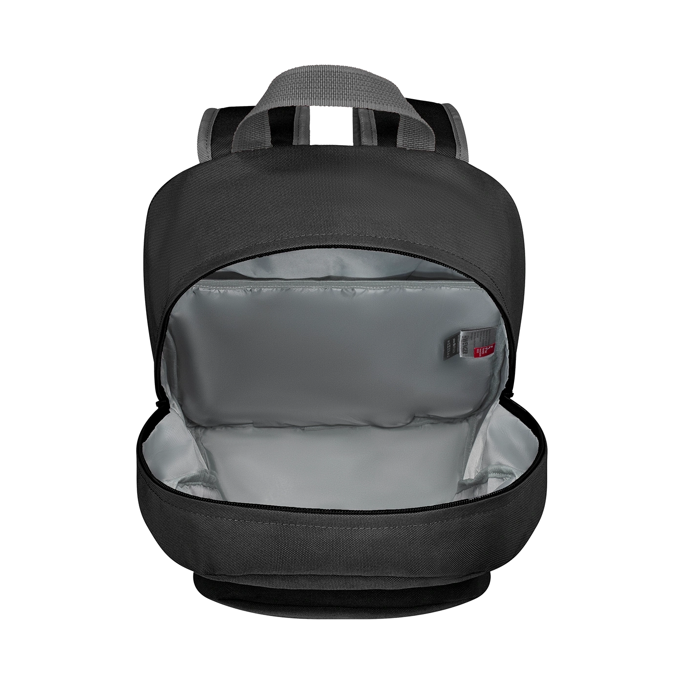 Black backpack, open, interior visible, with handle and straps, on black background
