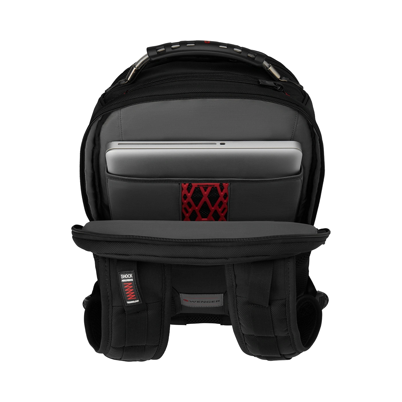 Black backpack with laptop inside, open, Wenger logo, Shock Absorbing technology