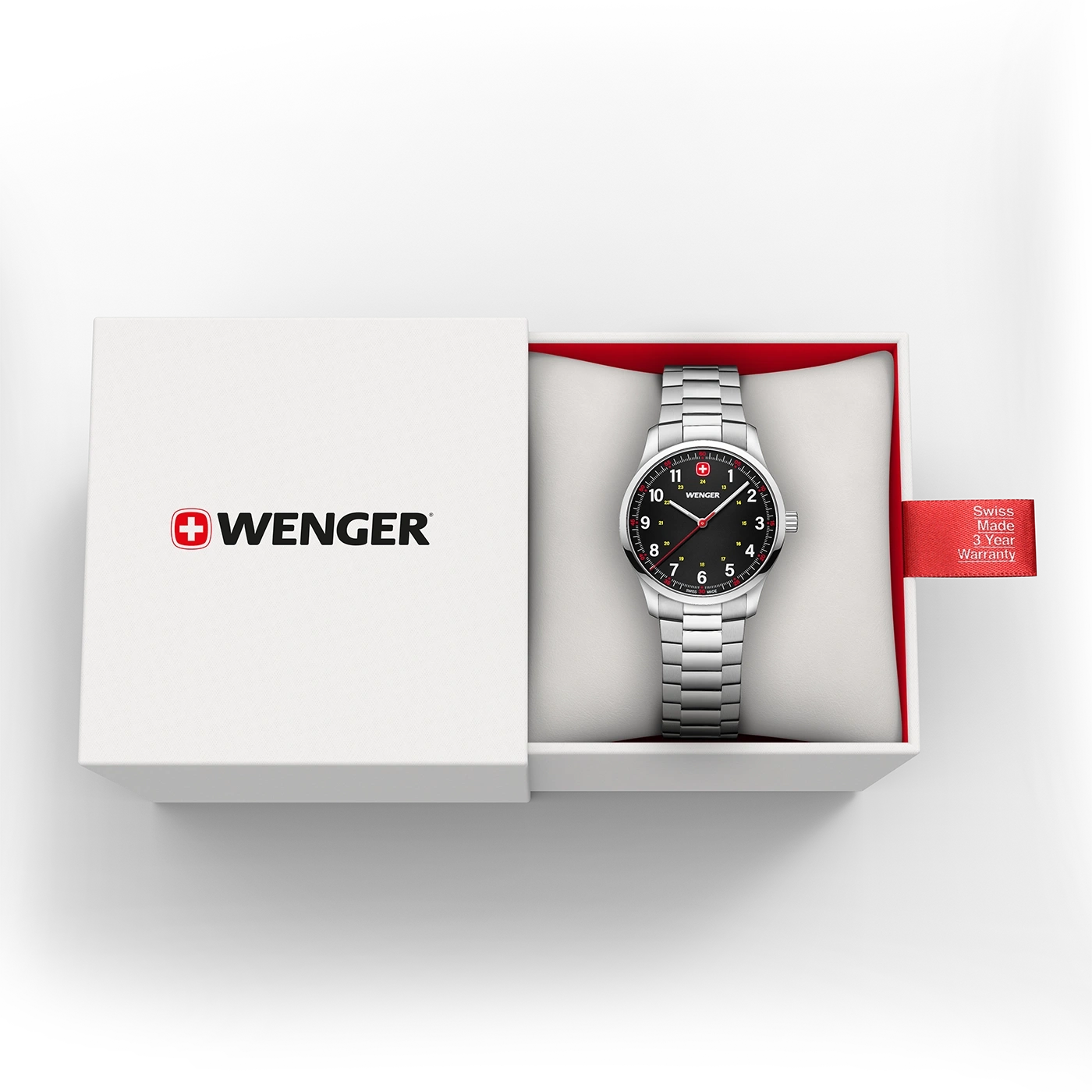 Wenger watch in box, Swiss Made, 3 year warranty, black dial, silver strap
