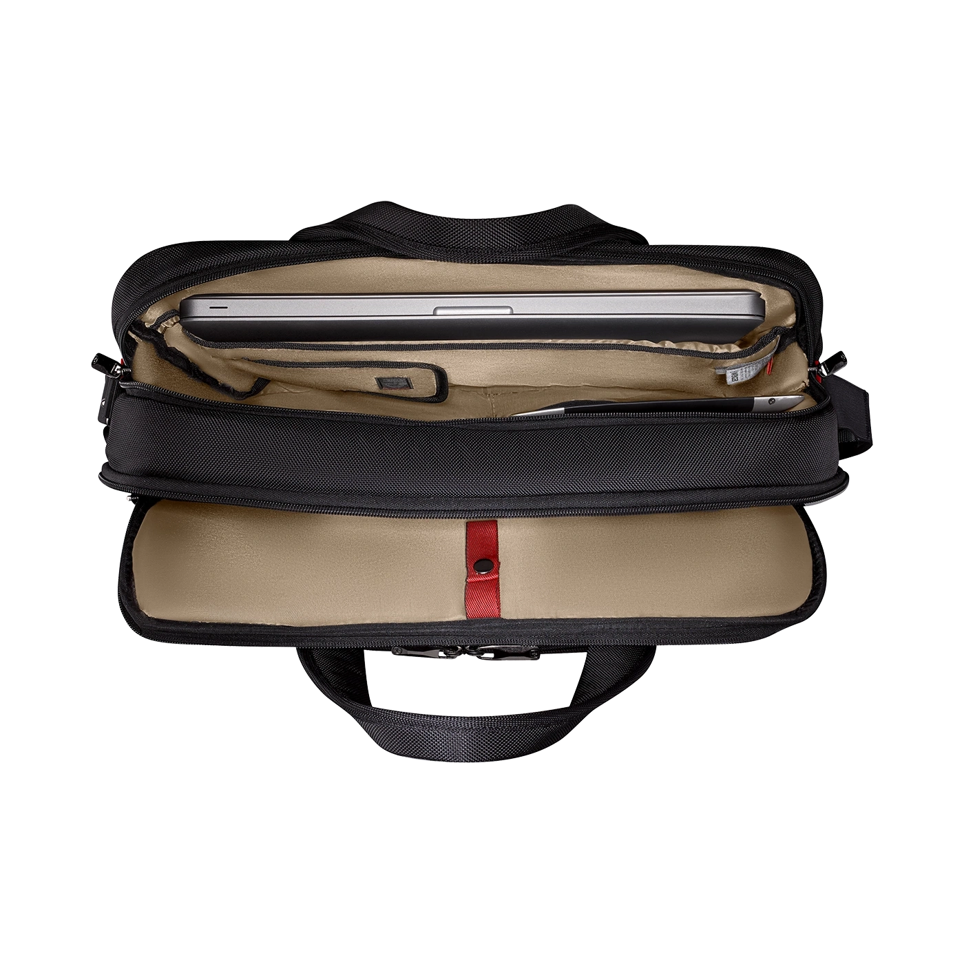 Black briefcase with laptop inside, open, top view, isolated on white