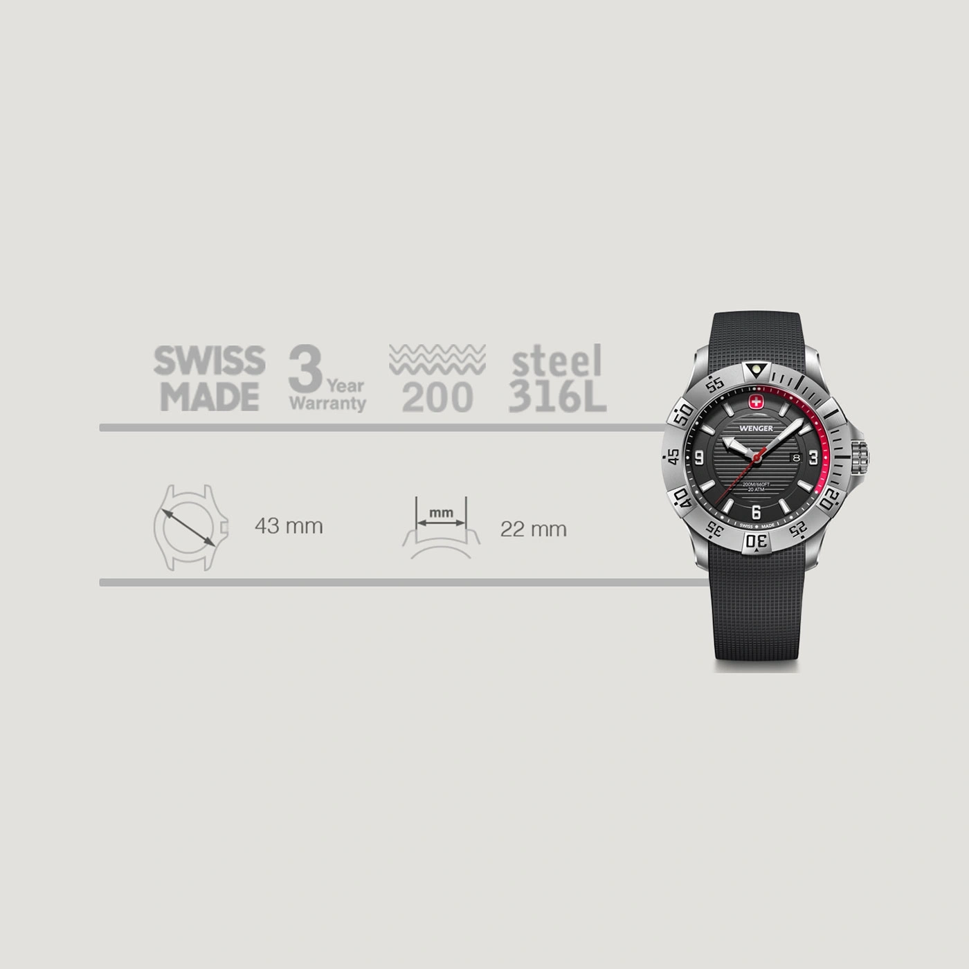 Wenger watch, Swiss Made, 3 year warranty, steel, 200M, 43mm case, 22mm band