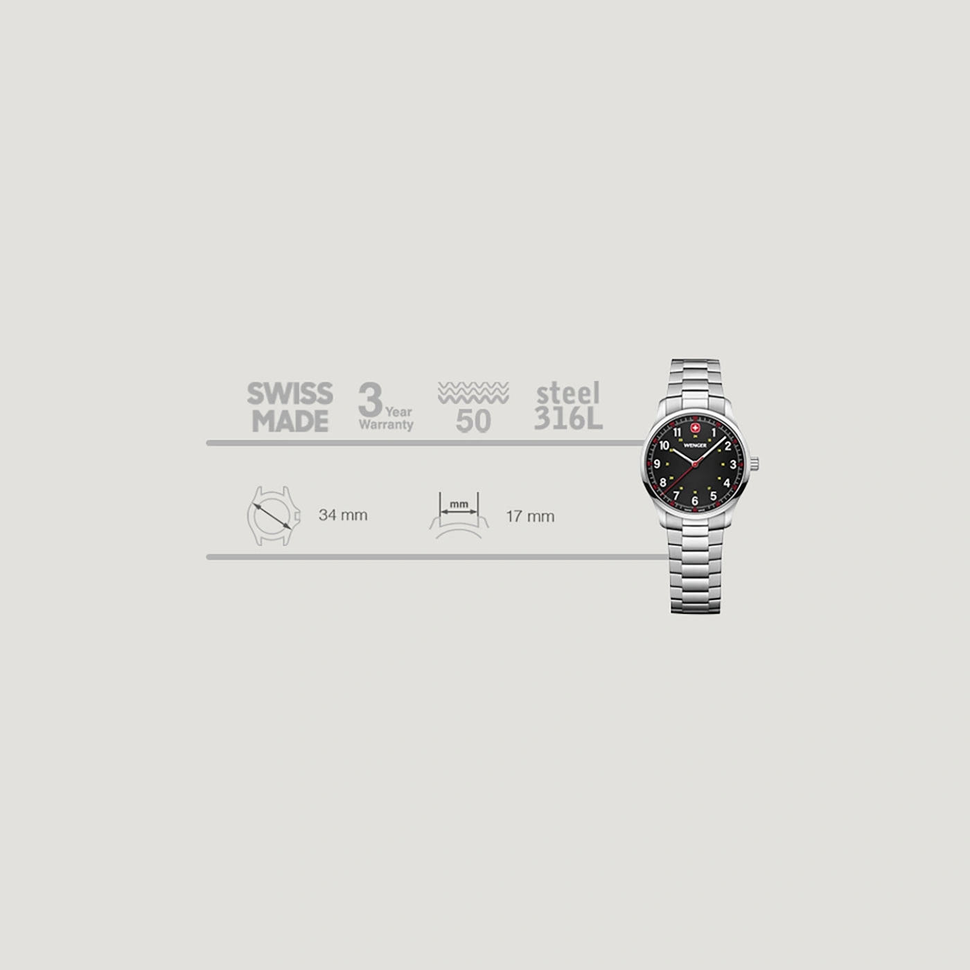 Swiss watch with steel bracelet, 34 mm diameter, 17 mm width, 3 year warranty.
