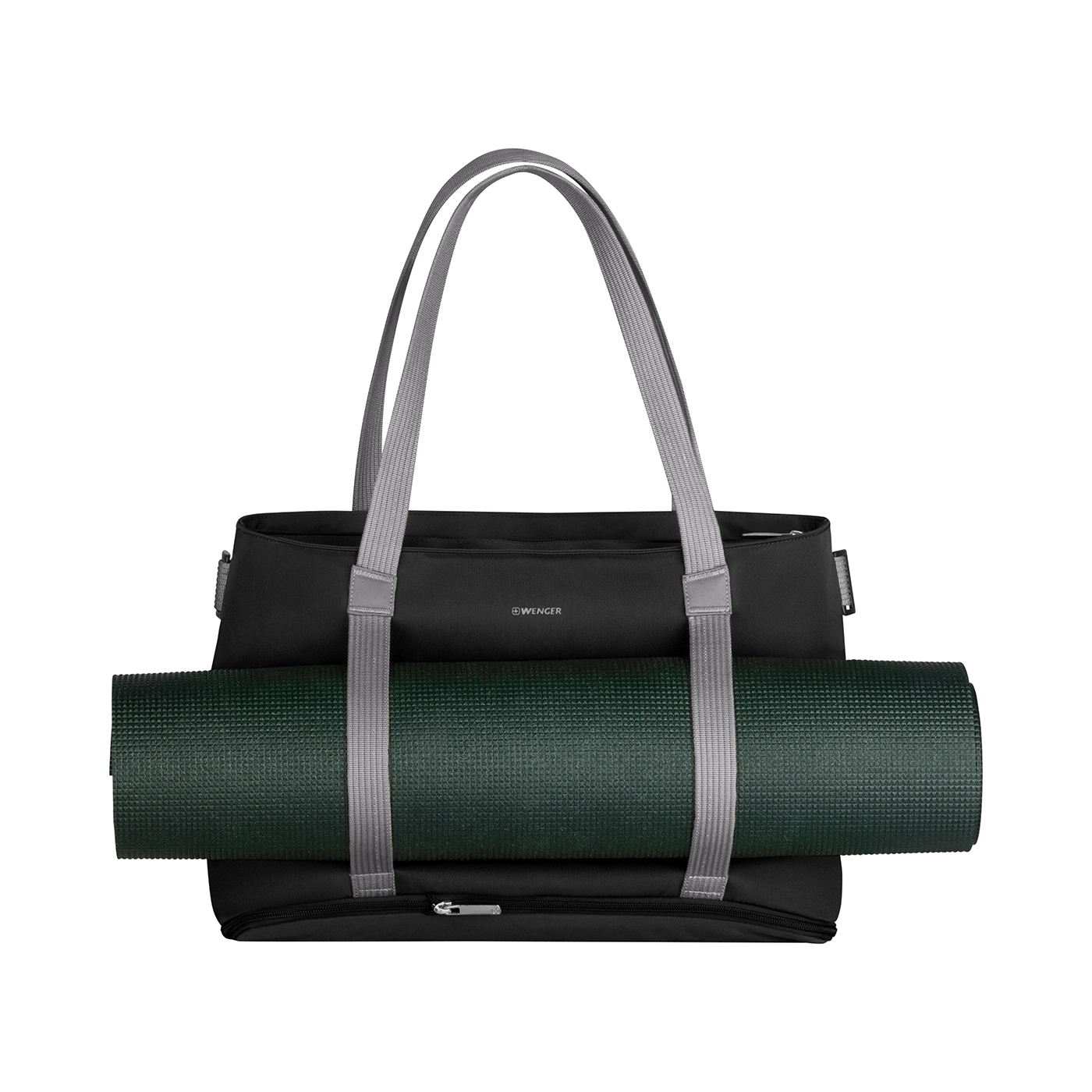 Black bag with yoga mat and gray straps isolated on a black background.
