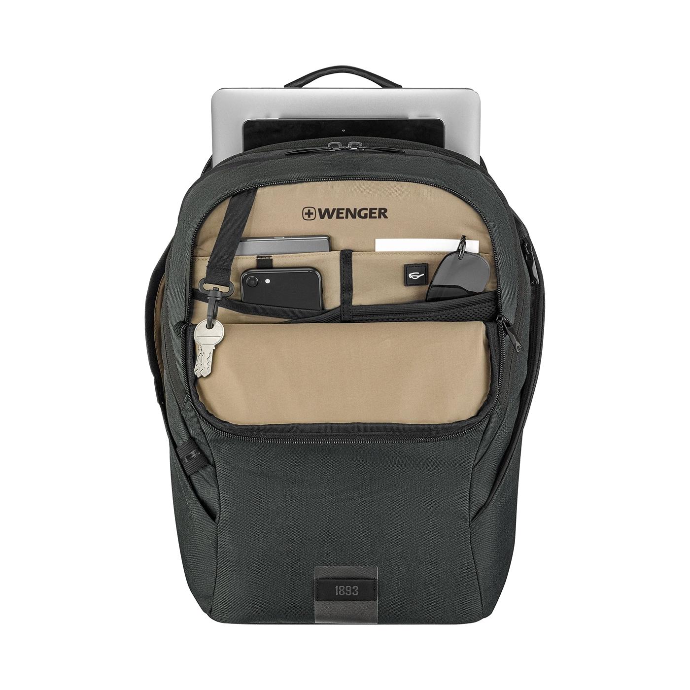Wenger backpack with laptop, phone, keys, and sunglasses in the pockets