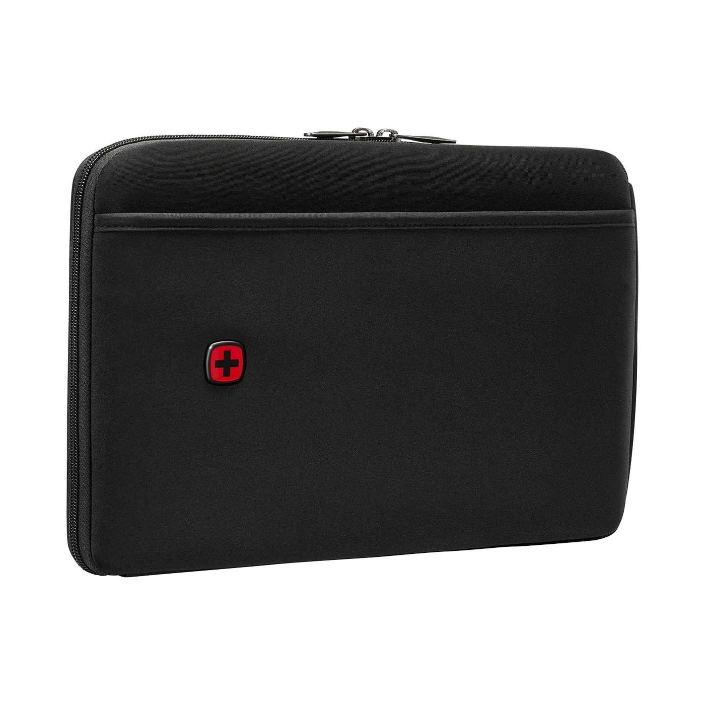 Black laptop sleeve with red cross logo and zipper, simple and sleek design.