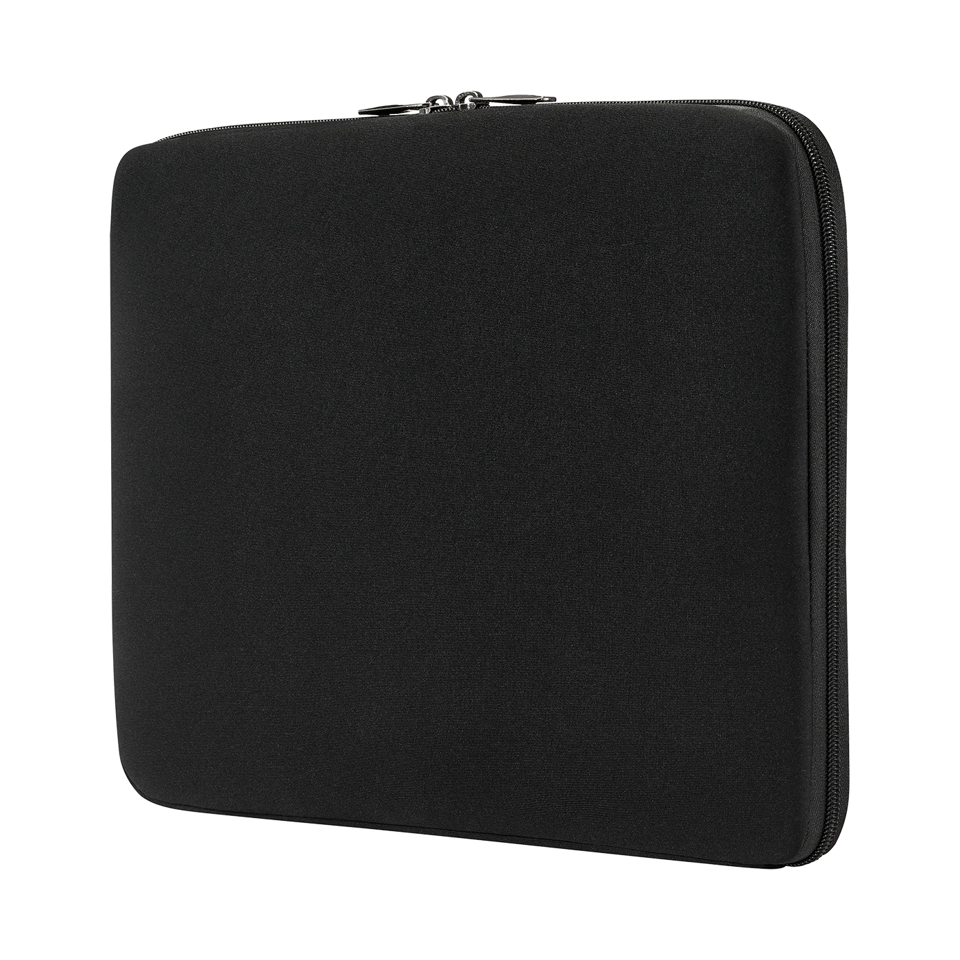 Black laptop sleeve with zipper. Simple design, protection for devices and electronics.