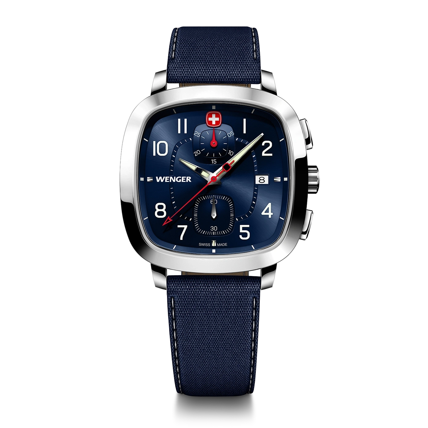 Wenger watch with blue face and strap, Swiss watch, square design, elegant timepiece
