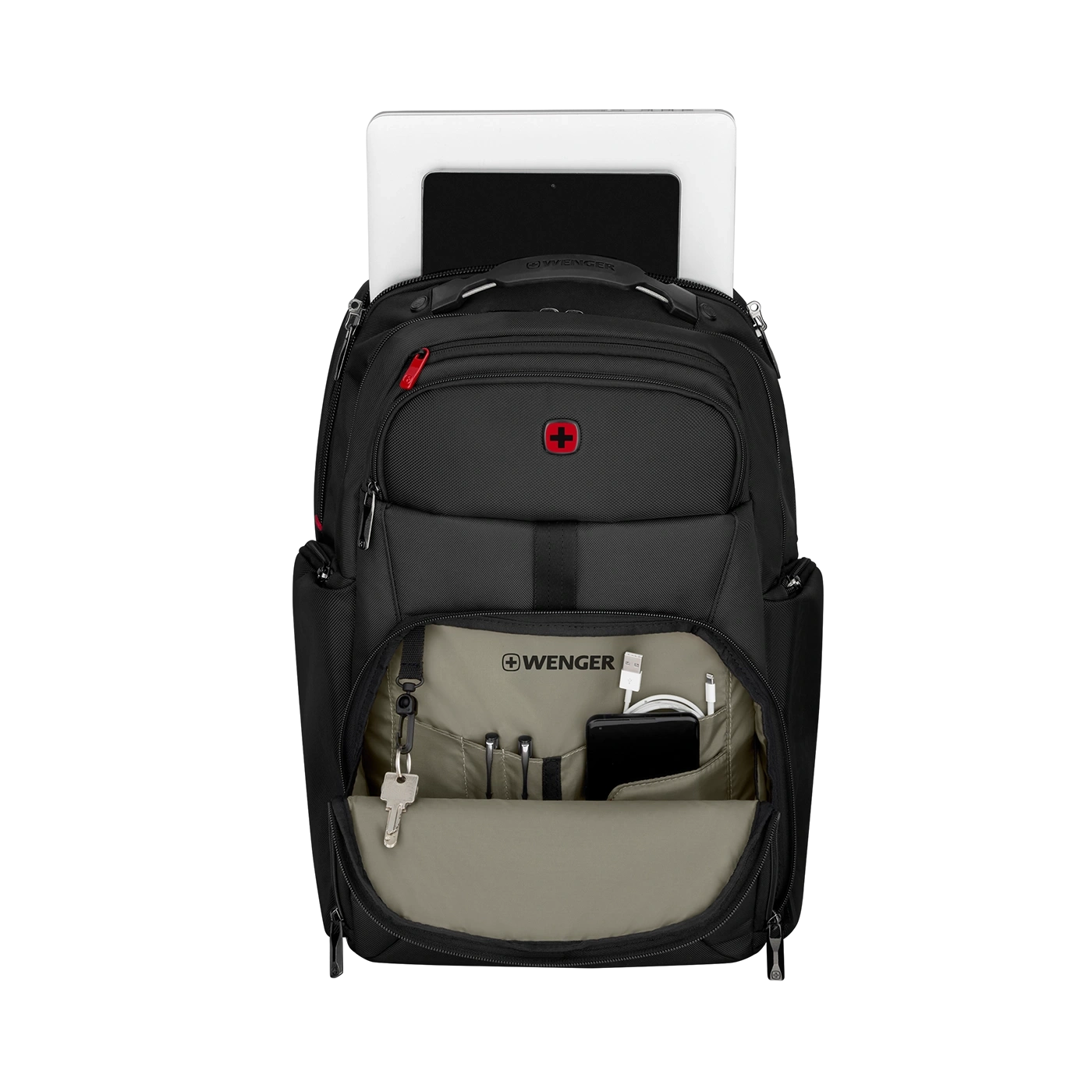 Black backpack with tablet, keys, and accessories, Wenger brand.